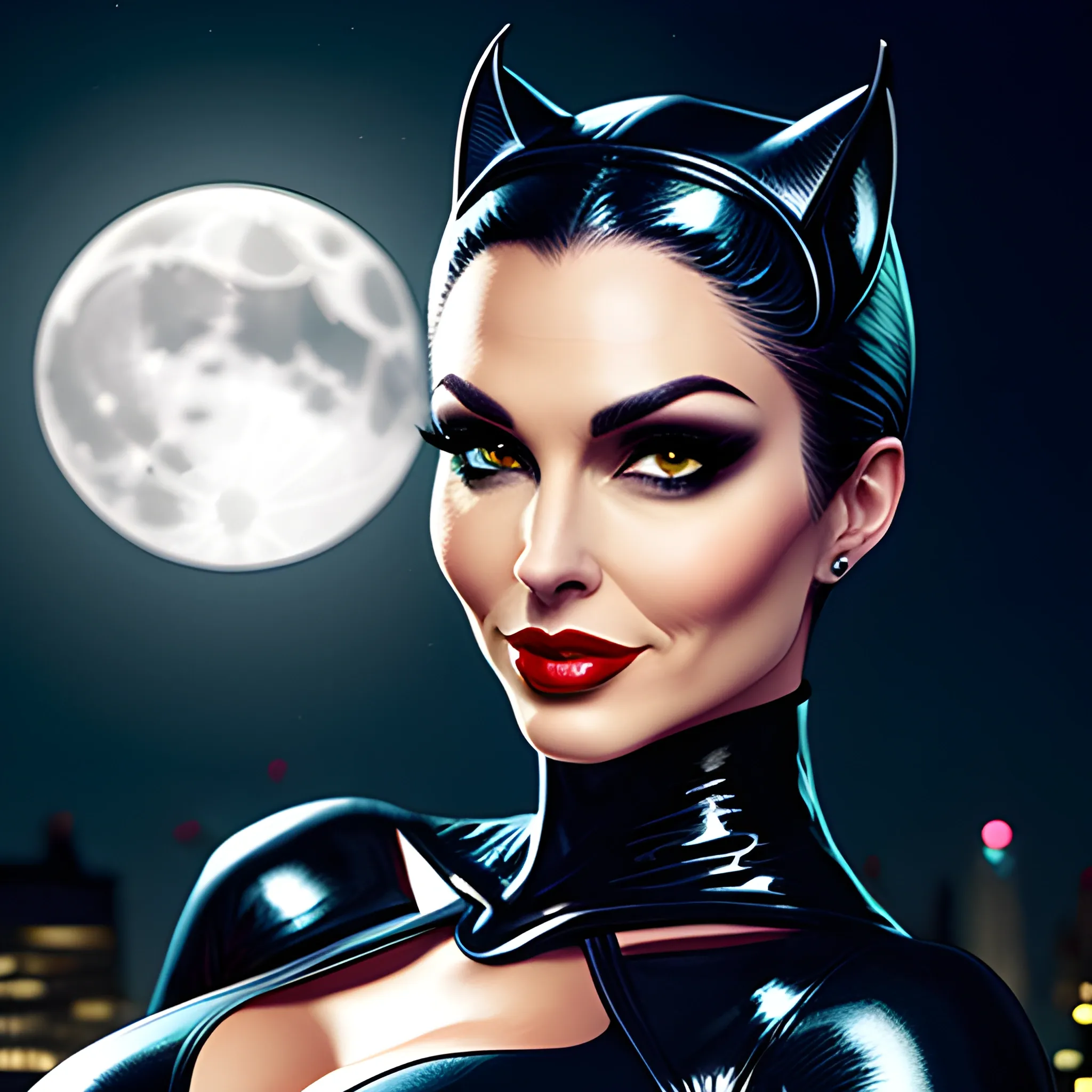 Charming young catwoman in strong light night, realistic portrait style under moonlight