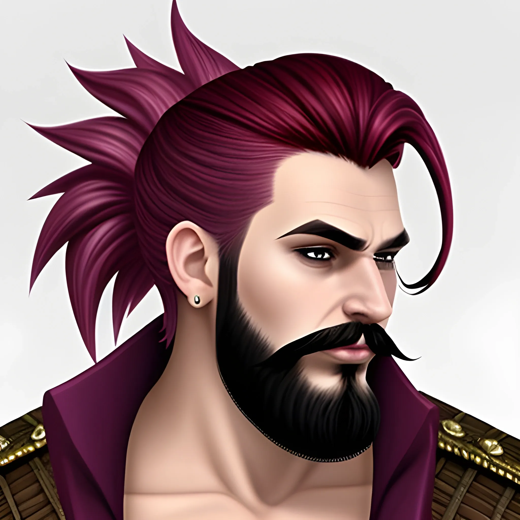 Burgandy hair, manbun, pirate, middle age, fantasy, dnd