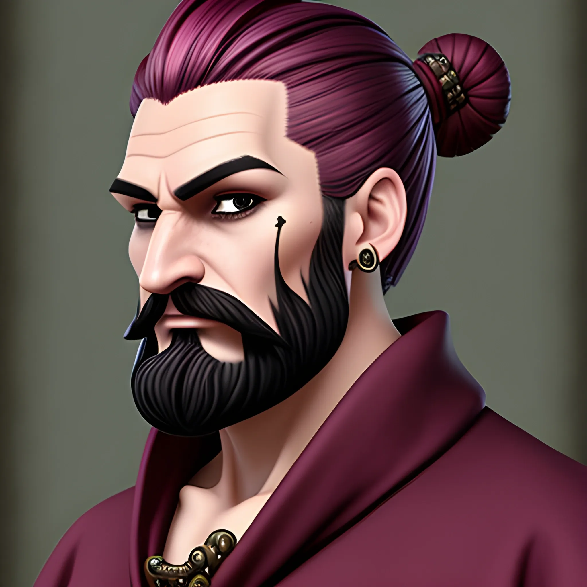 Burgandy hair, manbun, pirate, middle age, fantasy, dnd monk artstyle