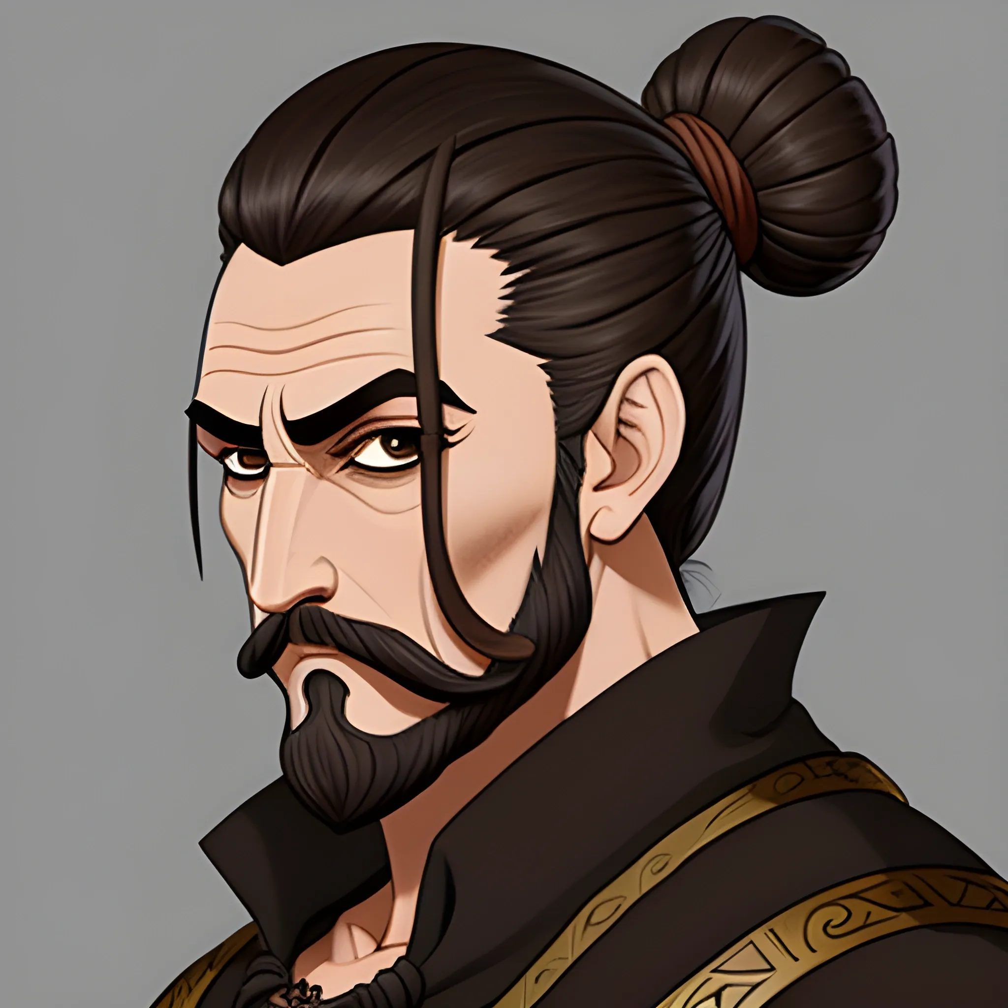 dark brown hair, manbun, pirate, middle age, fantasy, dnd monk artstyle