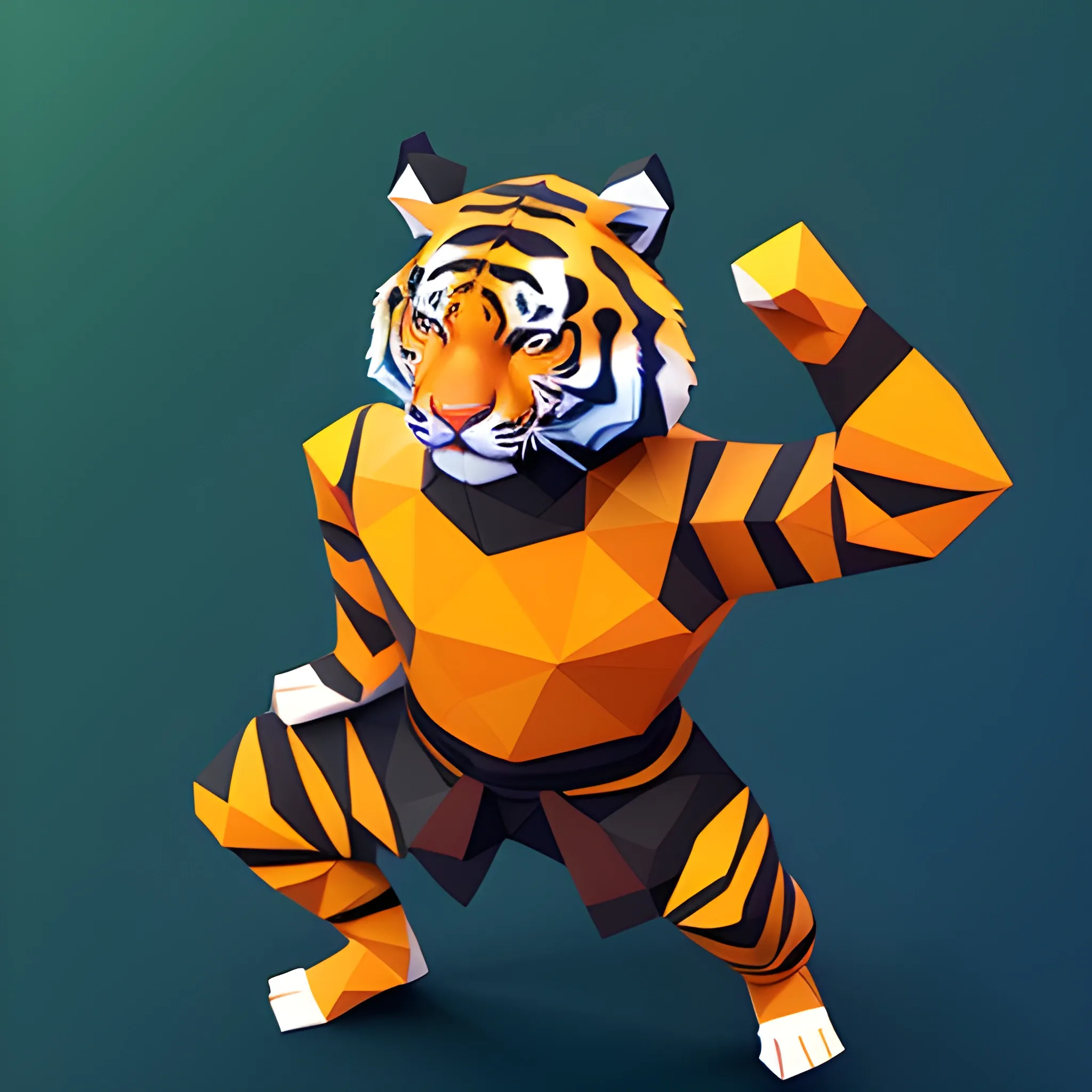 a low poly tiger head with human body wearing martial art costume, isometric view, unity game asset, video game