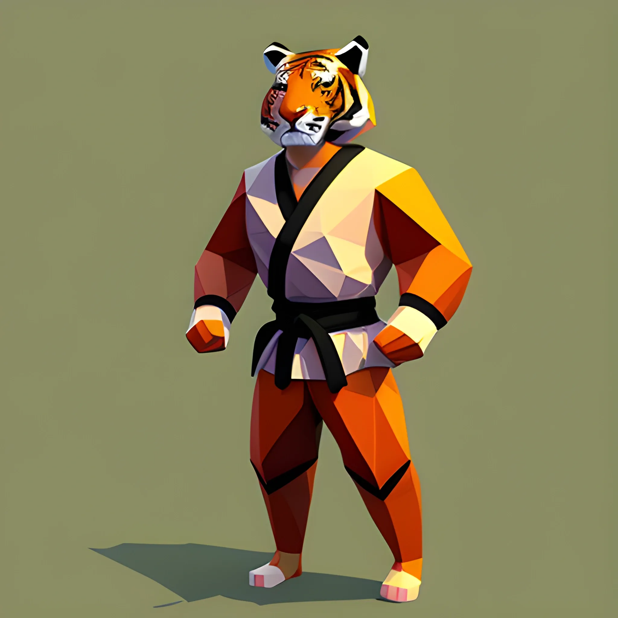 a low poly tiger with human body wearing martial art costume, standing, front face, isometric view, unity game asset, video game