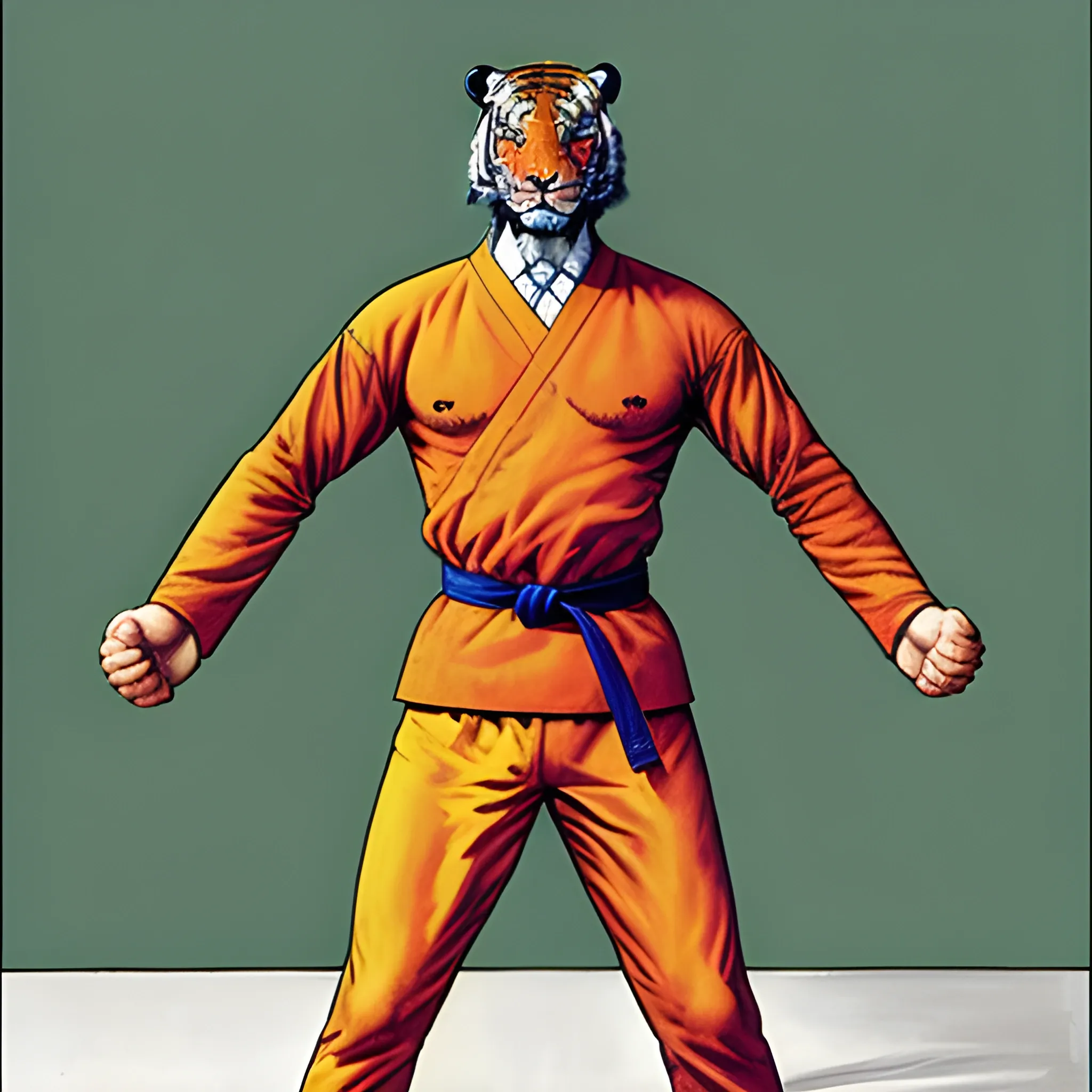 standing tiger with human body wearing martial art costume, standing, front face, by jean giraud