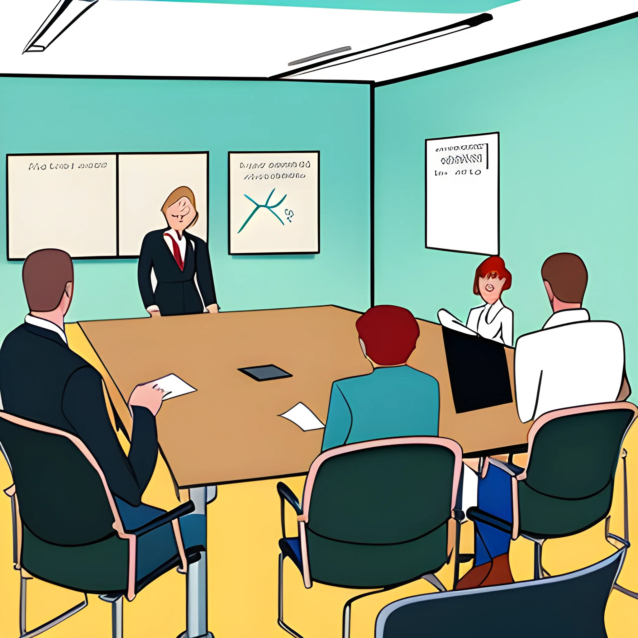 facilitating a meeting from the floor in a largr board room scene, Cartoon, clip art