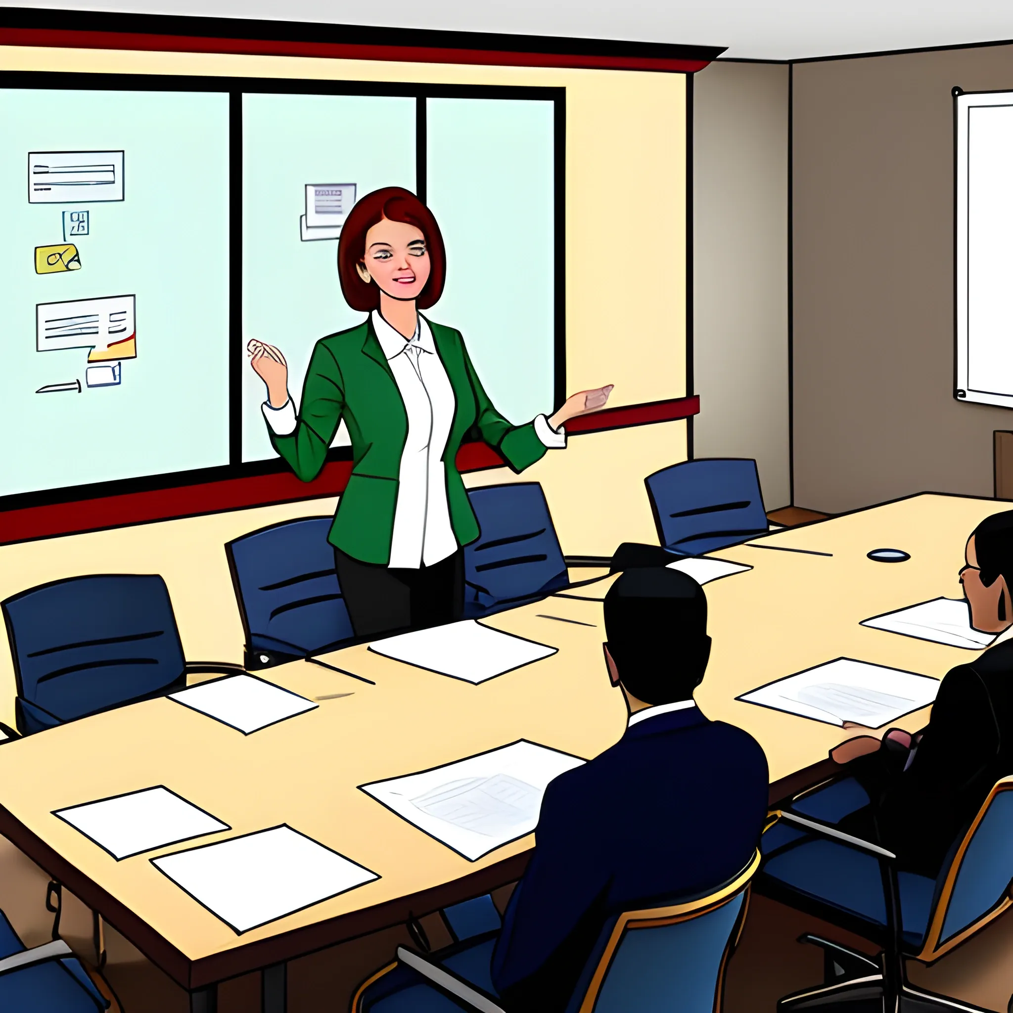 facilitating a meeting from the floor in a large board room scene, casual dress style, Cartoon, clip art