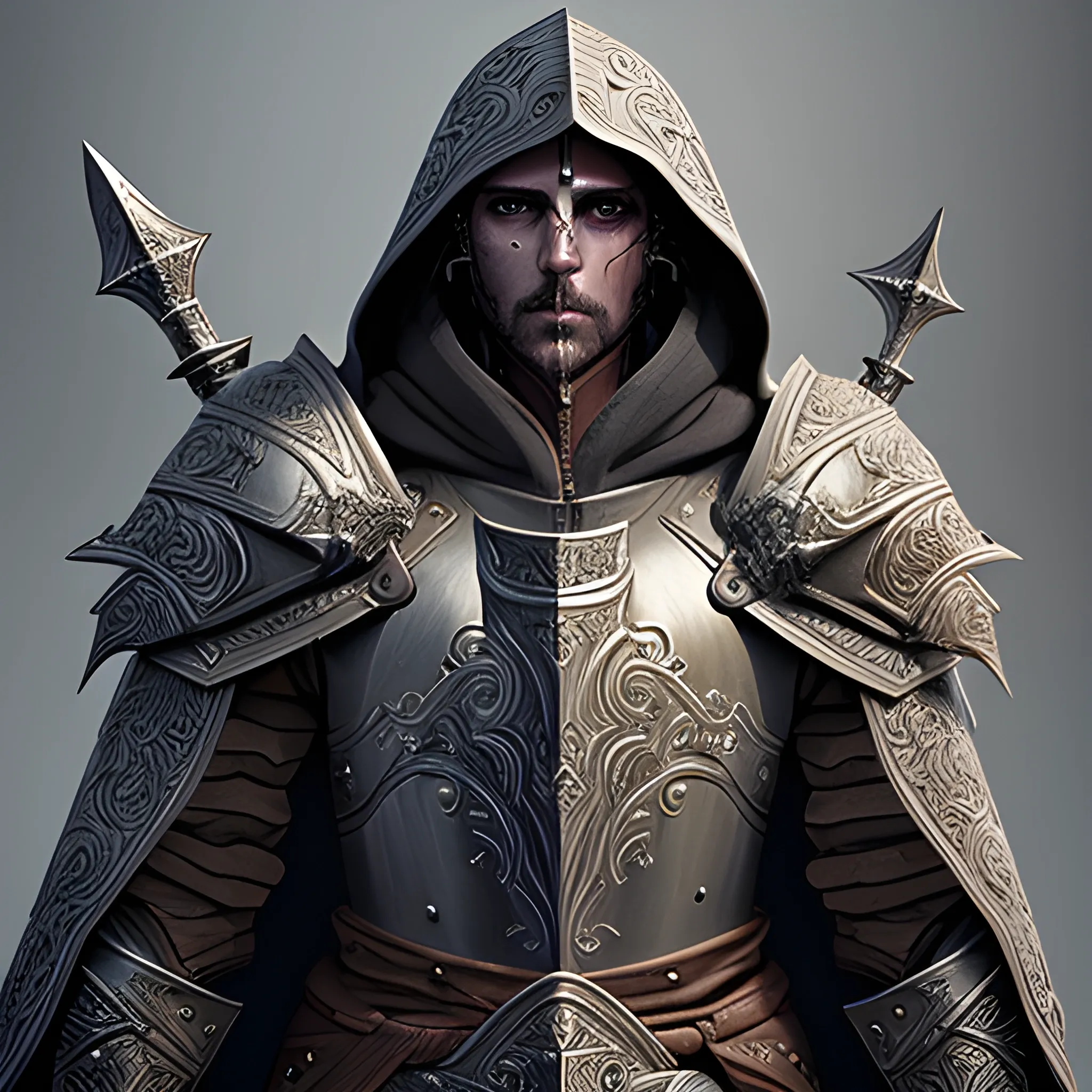 Create a detailed and intricate image of a scourge paladin  aasimar wearing a hooded cloak and  a heavy battle armor
with battle axe and a shield