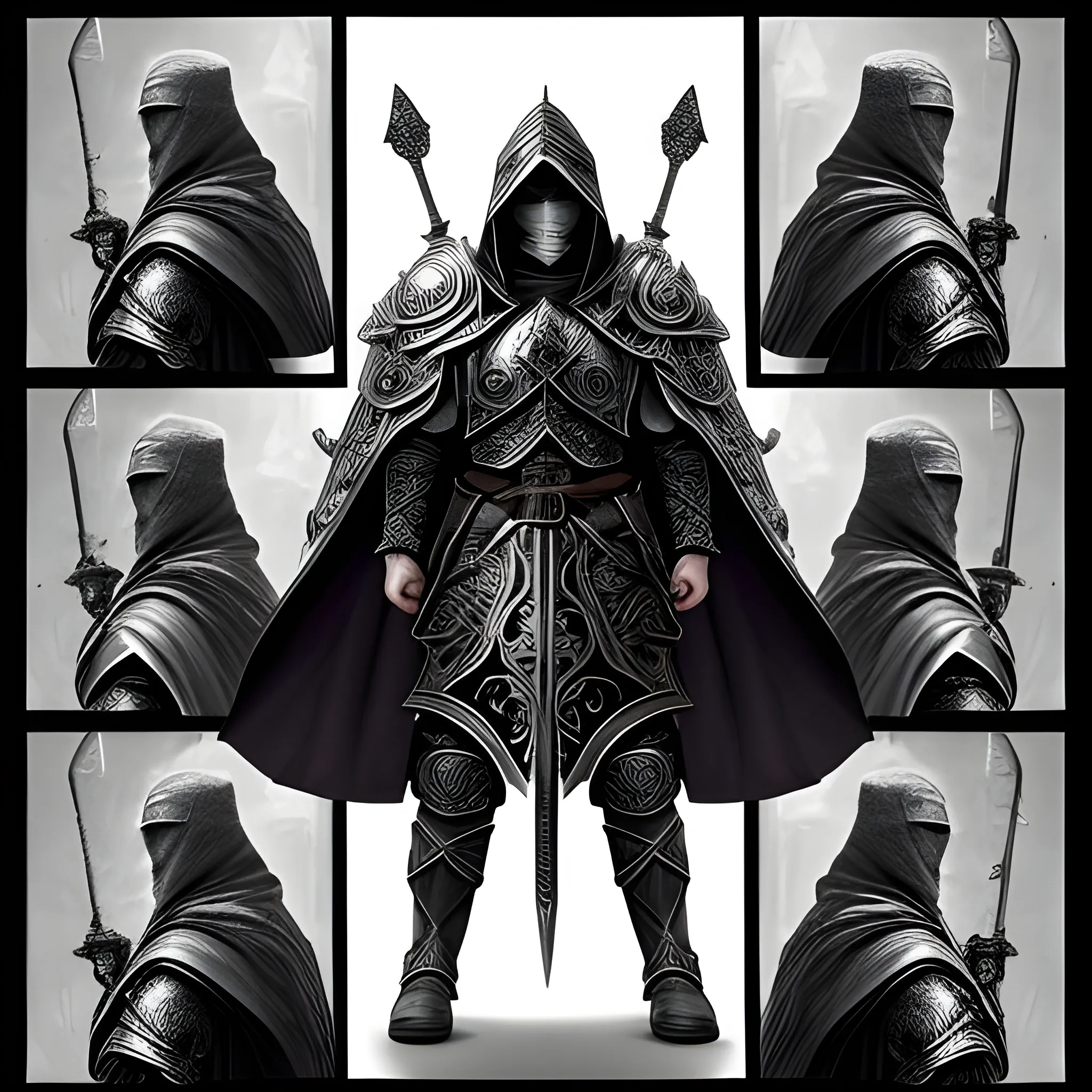 Create a detailed and intricate image of a scourge aasimar paladin wearing a hooded cloak and a mask carrying a heavy battle armour
with divine battleaxe and a one-handed shield