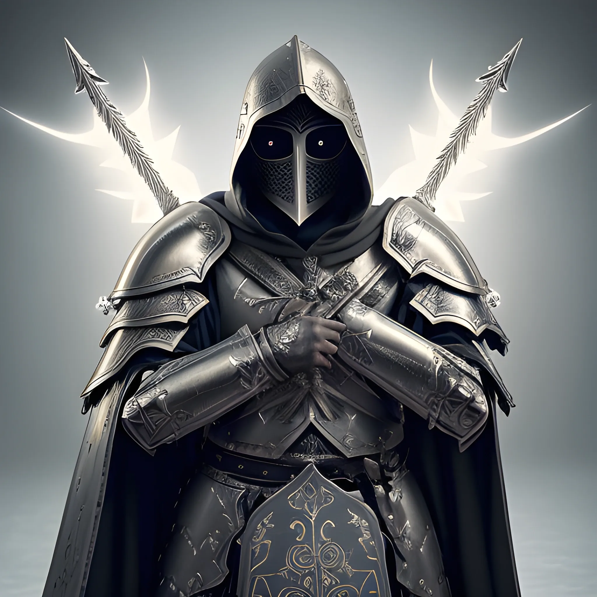 Create a detailed and intricate image of a scourge aasimar paladin wearing a hooded cloak and a mask carrying a heavy battle armour with divine battleaxe in right hand as well as one-handed shield in left hand. From eyes and mouth, the soaring light shines. Hair is short white, appearance is similar to gojou satoru.