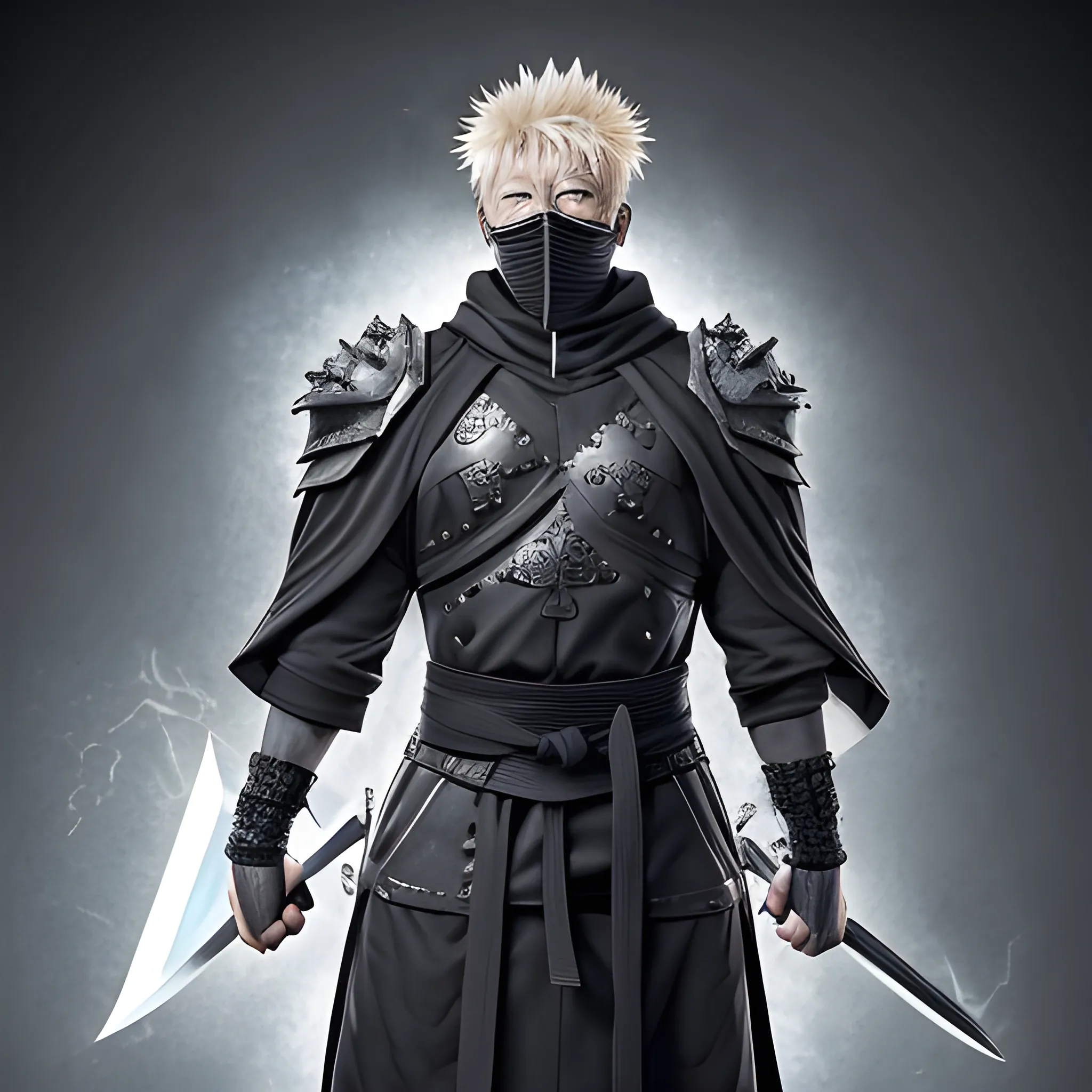 Create a detailed and intricate image of a scourge aasimar paladin wearing a hooded cloak and a metal tattoo like mask carrying a heavy battle armour with divine battleaxe in right hand as well as one-handed shield in left hand. From eyes and mouth, the soaring light shines. Hair is short white, appearance is similar to gojo satoru from jujutsu kaisen.