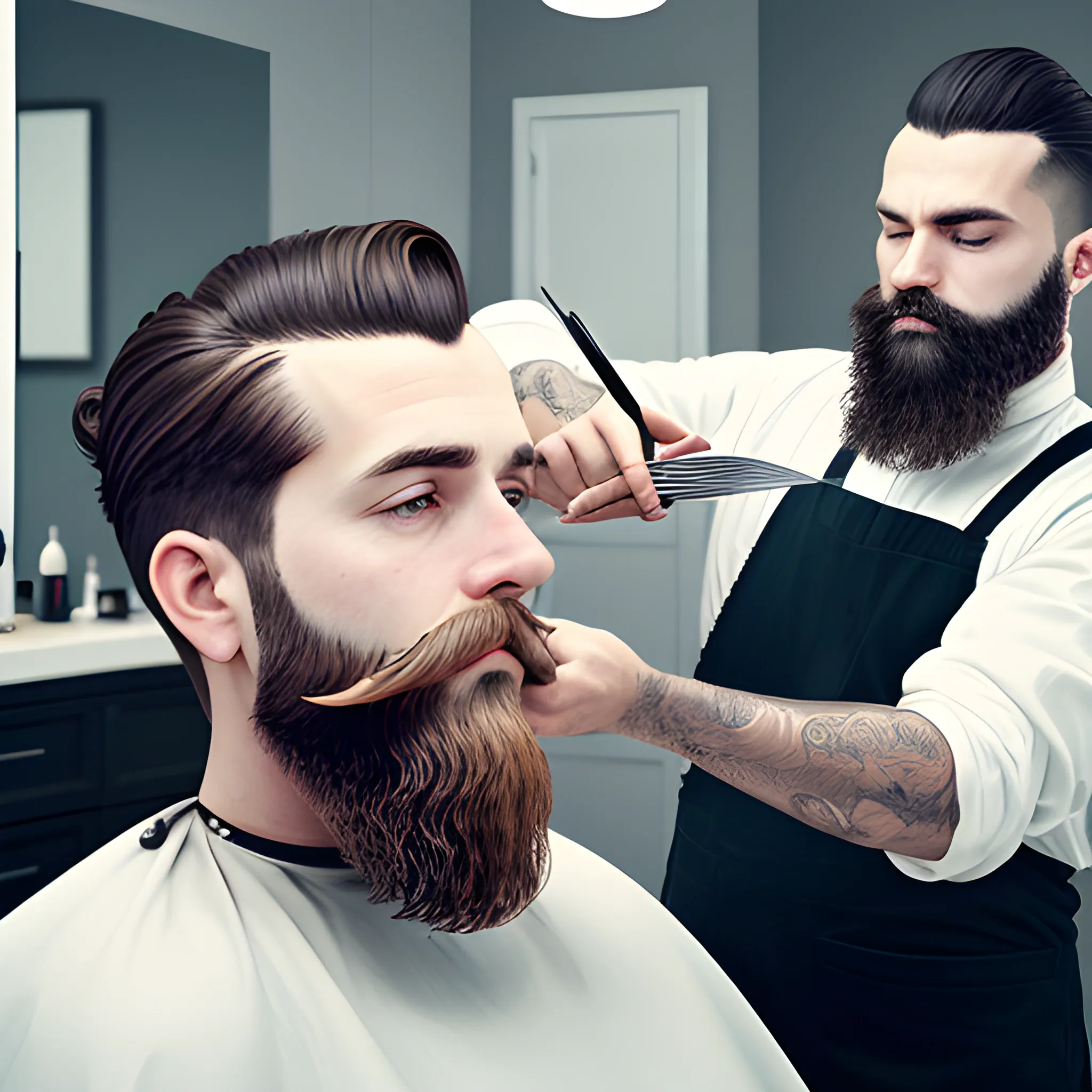 CREATE REALISTIC IMAGE OF A BARBER CUTTING A BEARD IN THE APARTMENT OF A MOUNTAIN