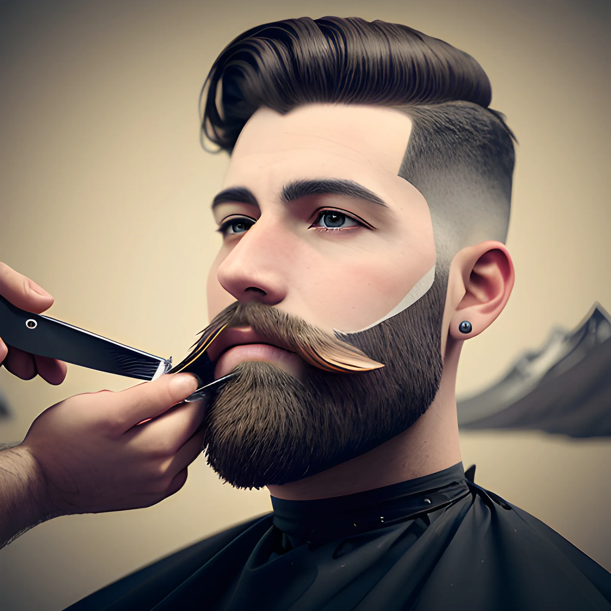 CREATE REALISTIC IMAGE OF A BARBER CUTTING A BEARD ON A MOUNTAIN