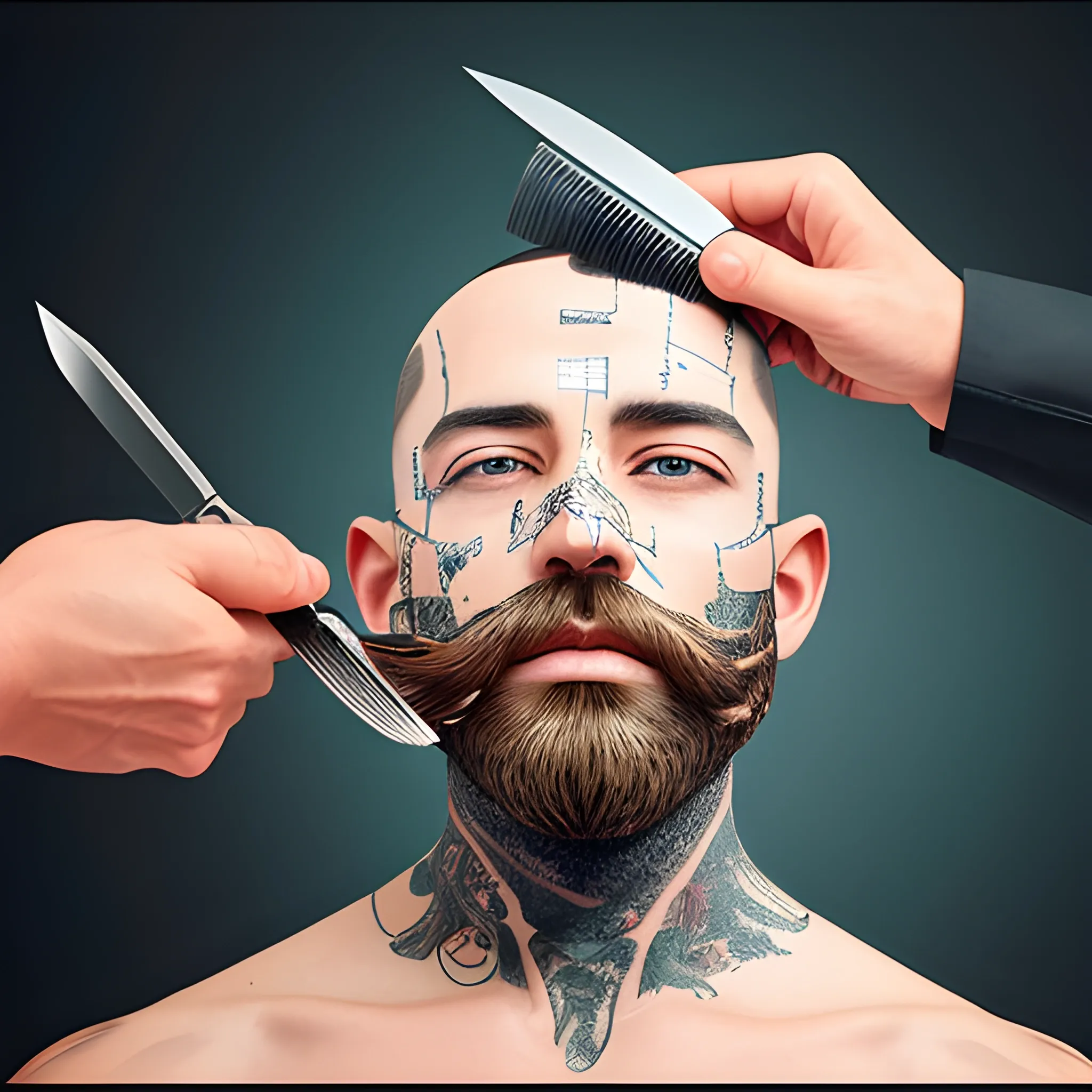 , Trippy CREATE REALISTIC IMAGE OF A BARBER CUTTING A BEARD ON A MOUNTAIN