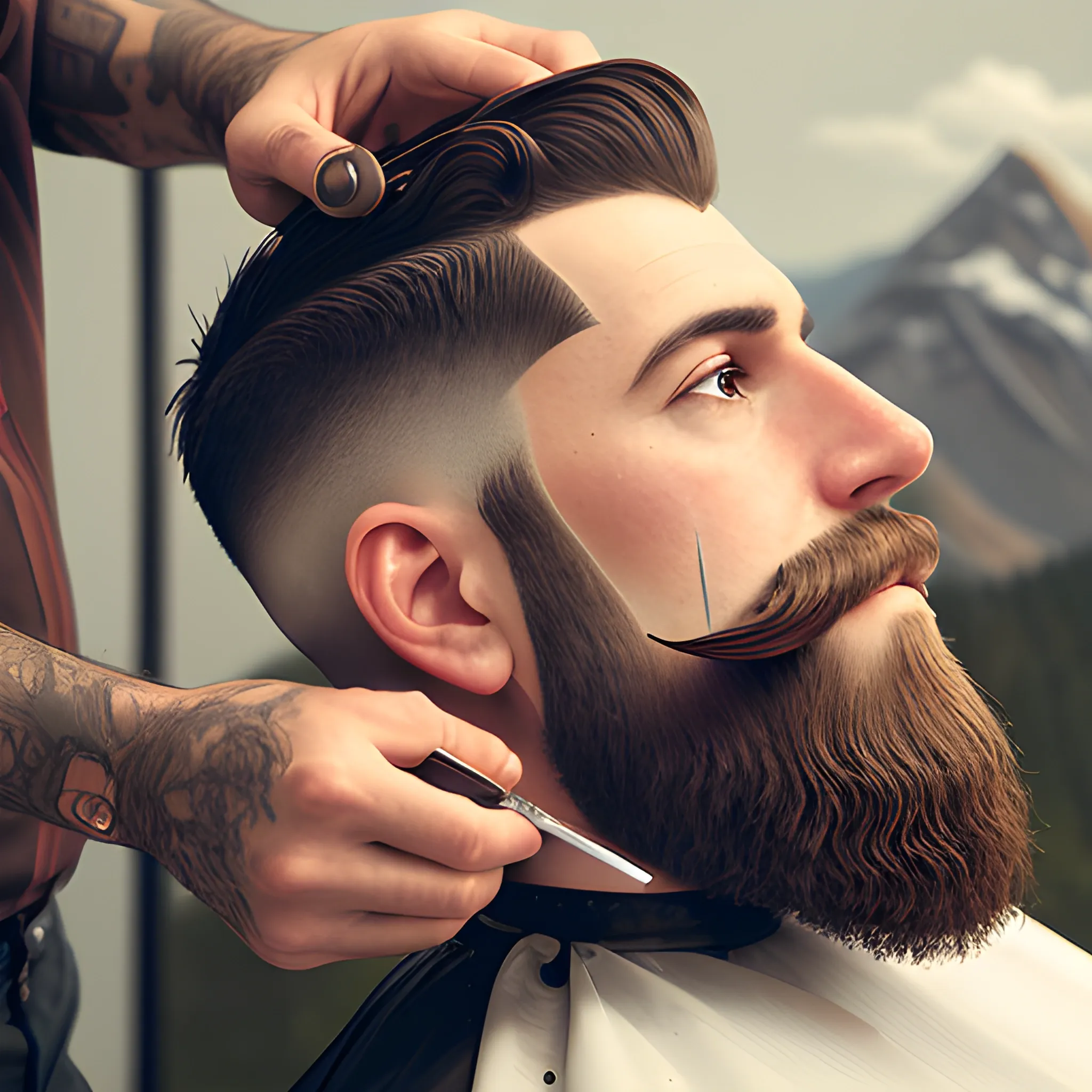 CREATE REALISTIC IMAGE OF A BARBER CUTTING A BEARD ON A MOUNTAIN