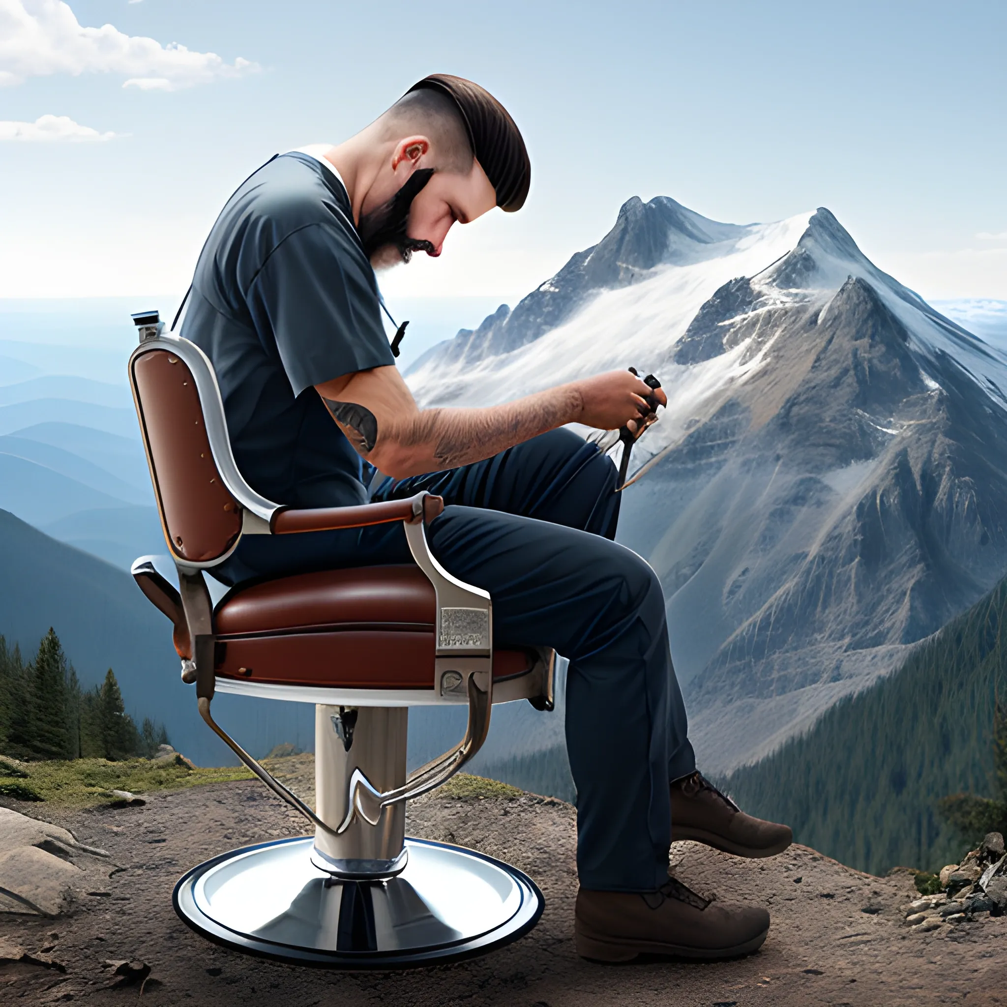 REALISTIC IMAGE OF A BARBER WORKING ON A MOUNTAIN