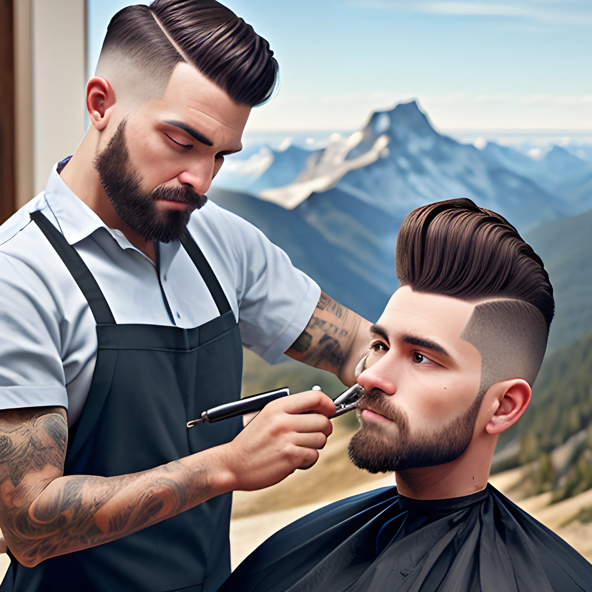 REALISTIC IMAGE OF A BARBER WORKING ON A MOUNTAIN