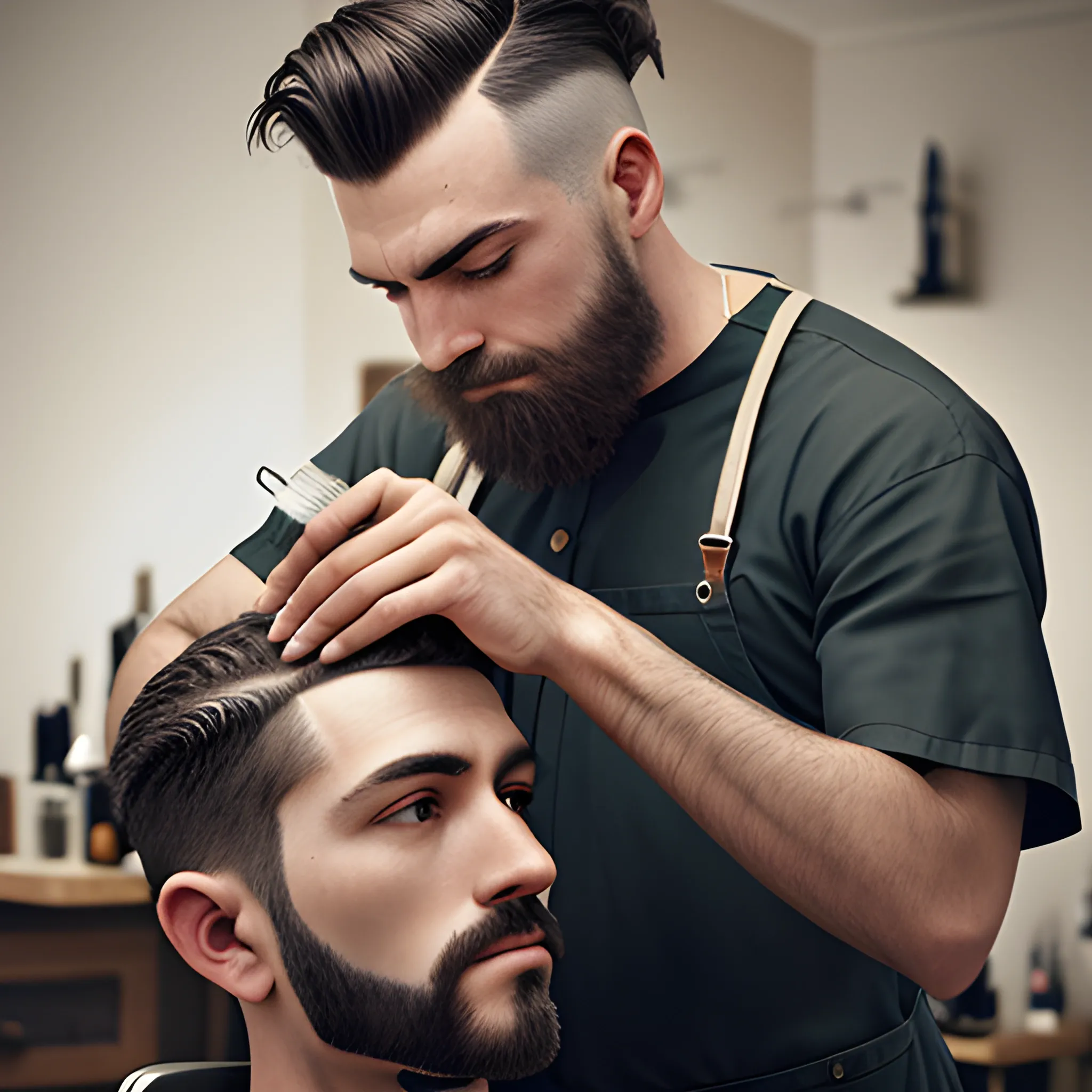 REALISTIC IMAGE OF A BARBER WORKING ON A MOUNTAIN