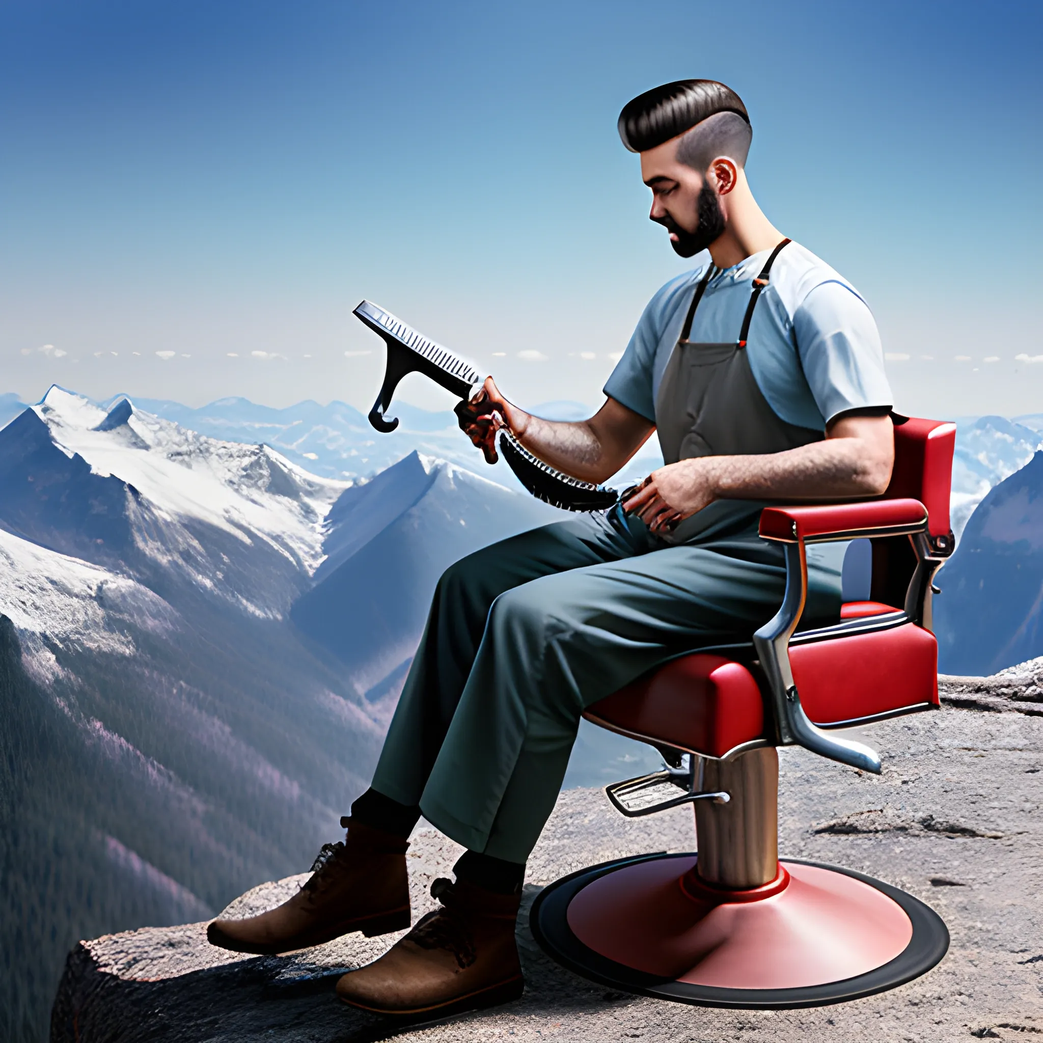 REALISTIC IMAGE OF A BARBER WORKING ON A MOUNTAIN