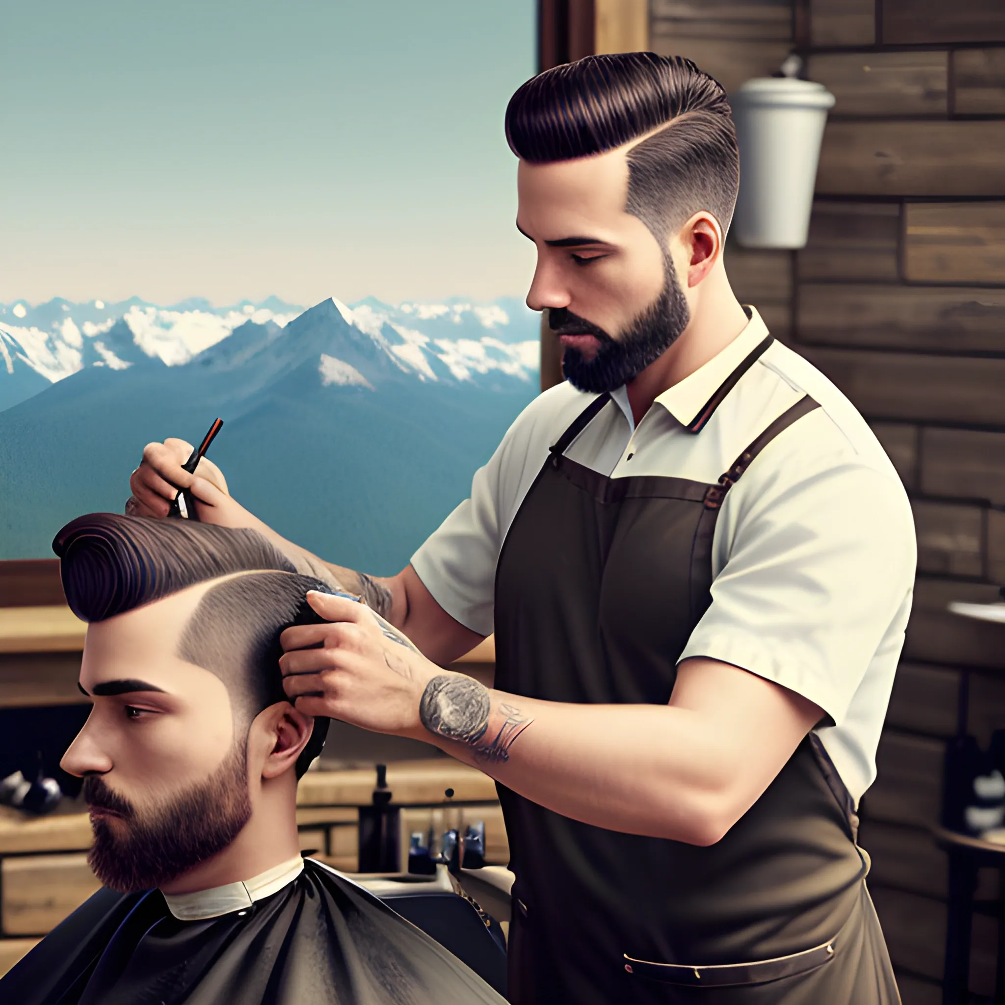 REALISTIC IMAGE OF A BARBER WORKING ON A MOUNTAIN