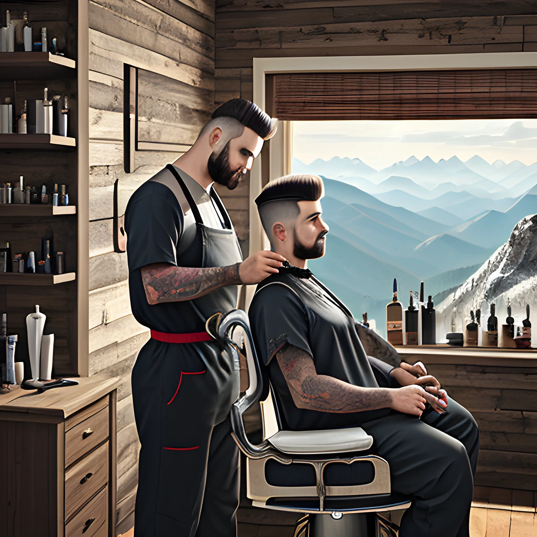 REALISTIC IMAGE OF A BARBER WORKING ON A MOUNTAIN