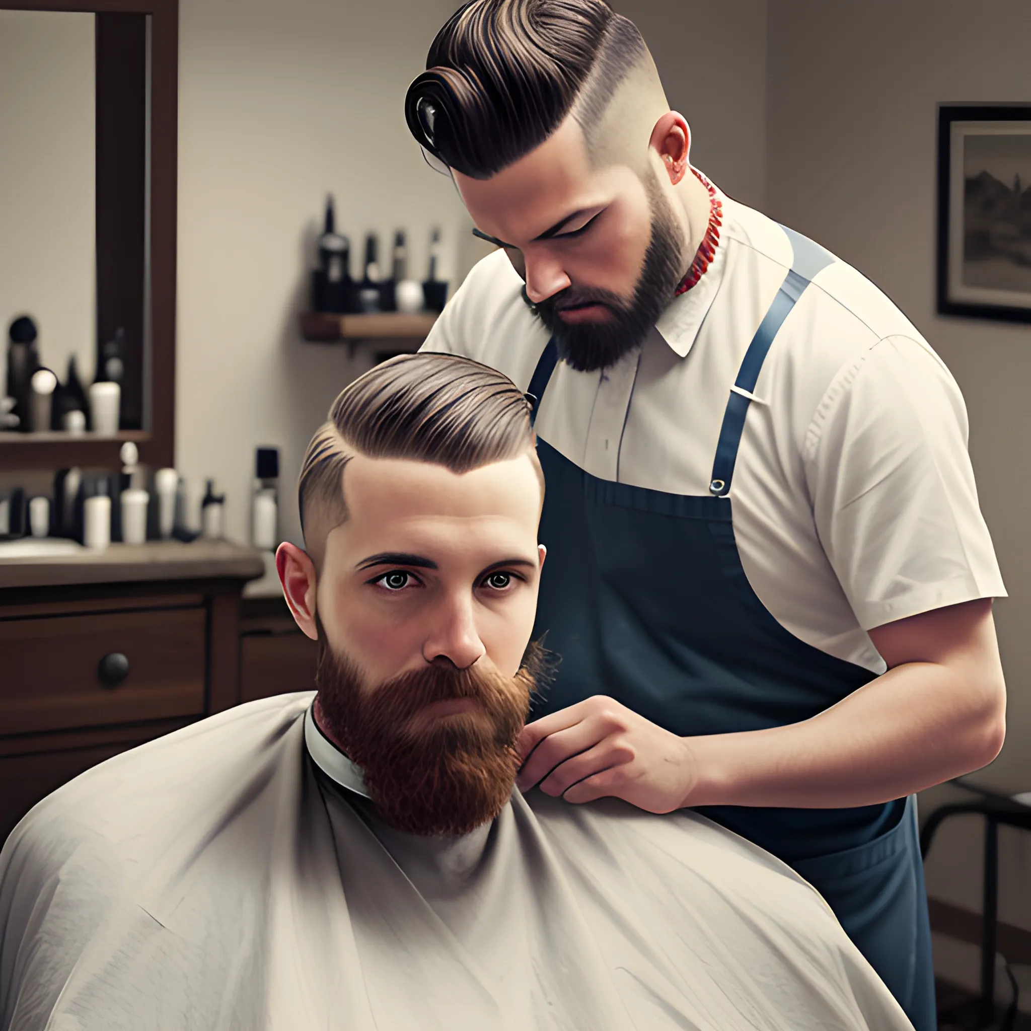 REALISTIC IMAGE OF A BARBER WORKING ON A MOUNTAIN