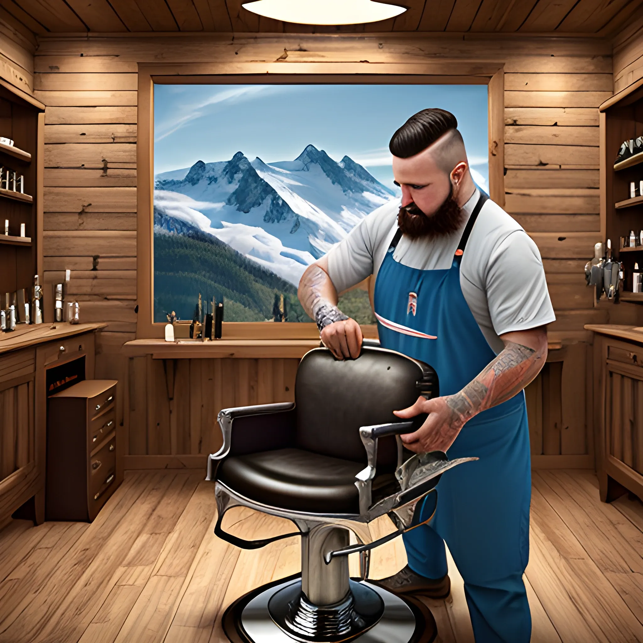 REALISTIC IMAGE OF A BARBER WORKING ON A MOUNTAIN