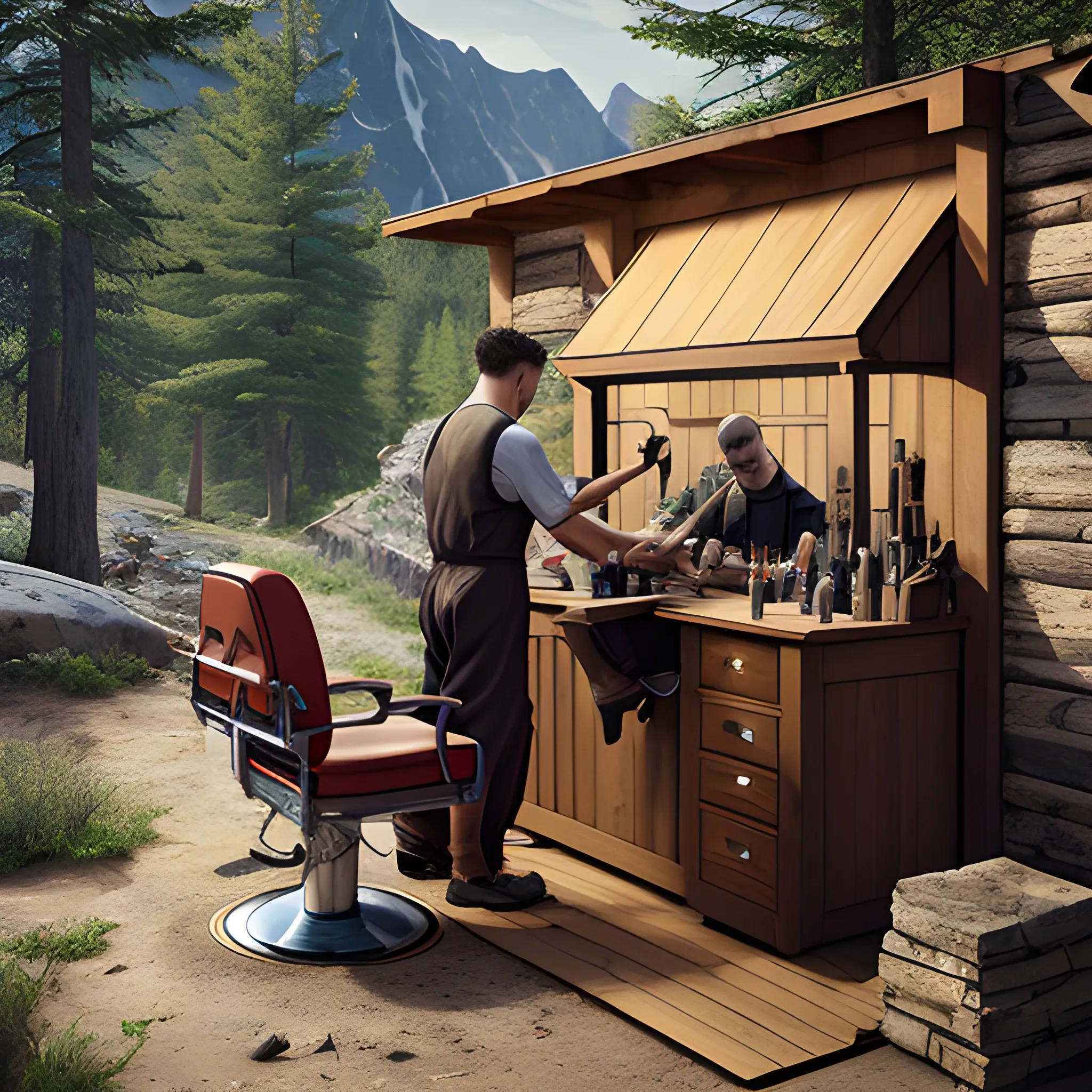 REALISTIC IMAGE OF A BARBER WORKING OUTDOORS ON A MOUNTAIN