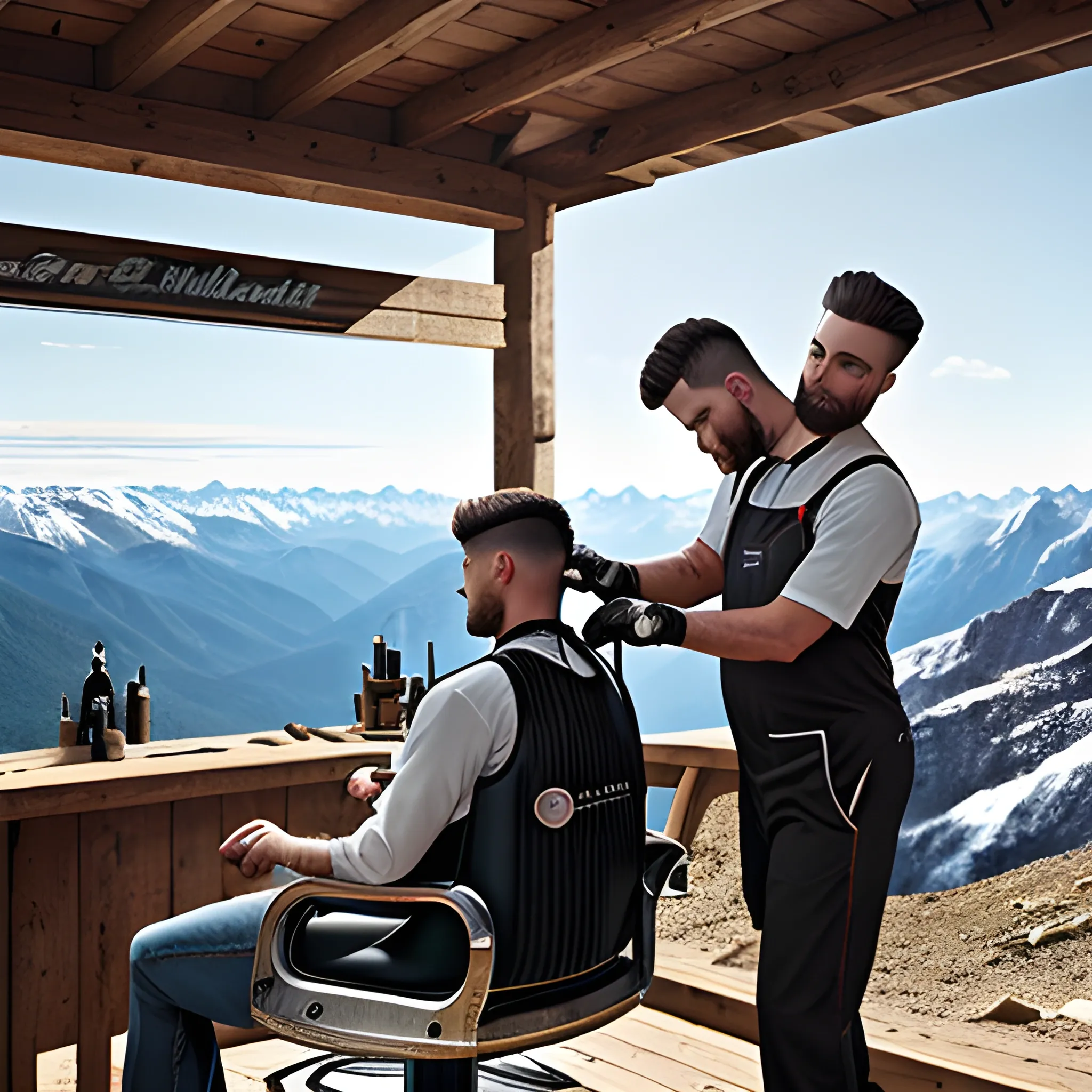 REALISTIC IMAGE OF A BARBER WORKING OUTDOORS ON A MOUNTAIN