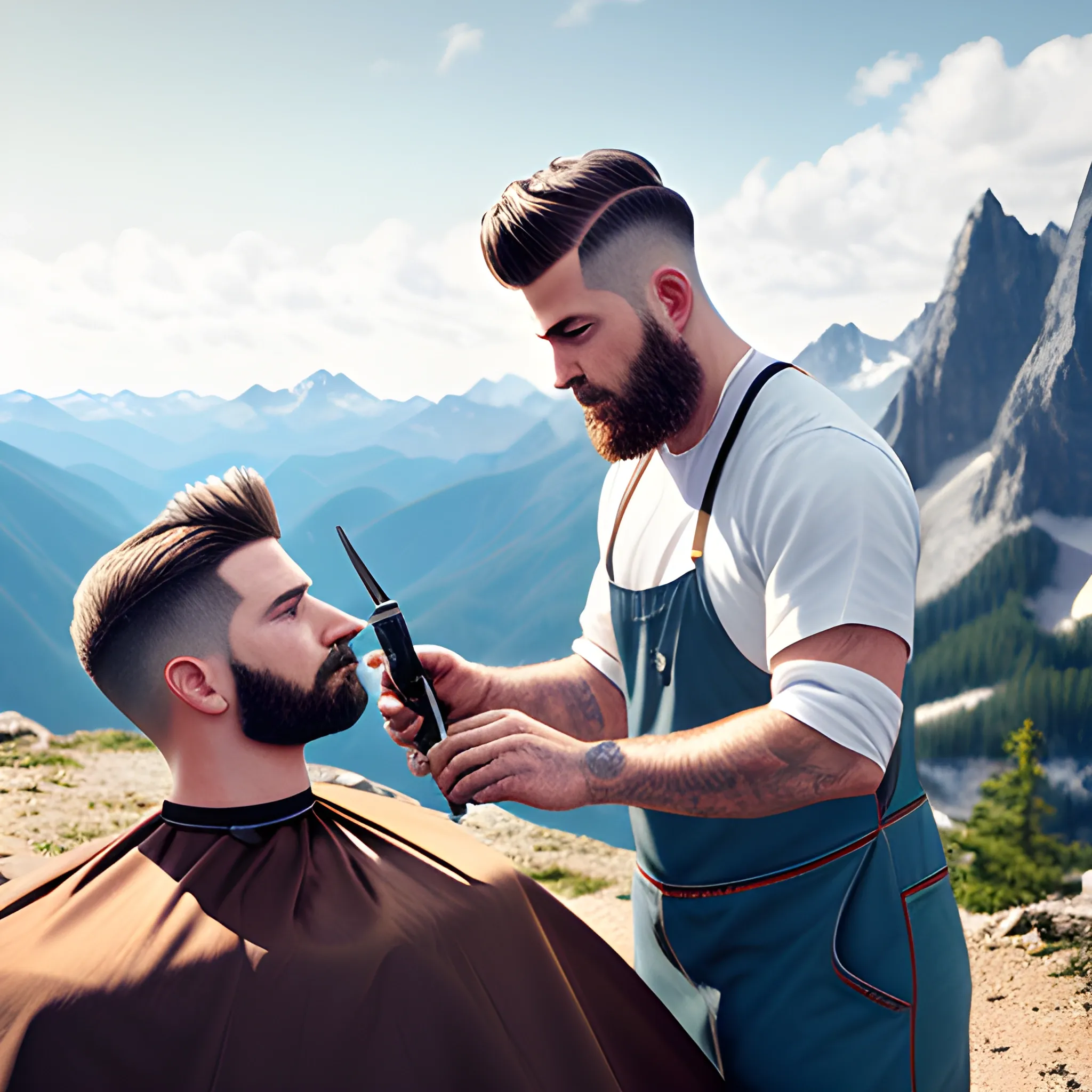 REALISTIC IMAGE OF BARBER WORKING OUTDOORS ON A MOUNTAIN