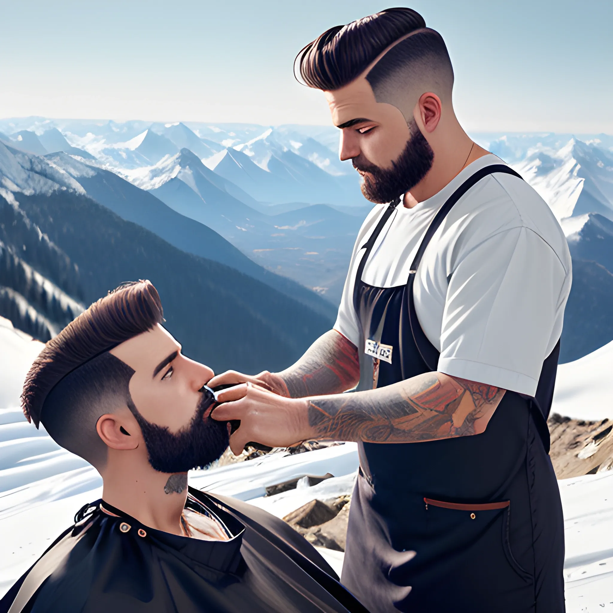 REALISTIC IMAGE OF BARBER WORKING OUTDOORS ON A MOUNTAIN