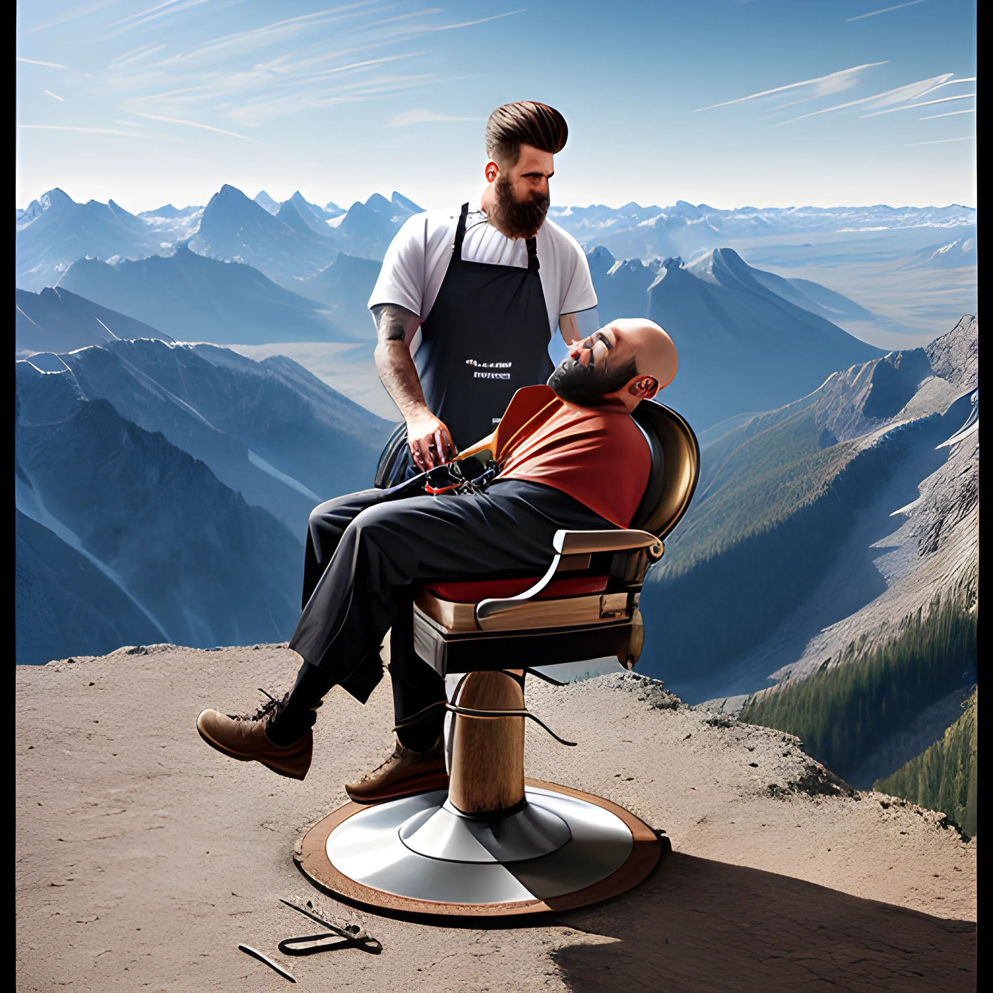 REALISTIC IMAGE OF BARBER WORKING OUTDOORS ON A MOUNTAIN