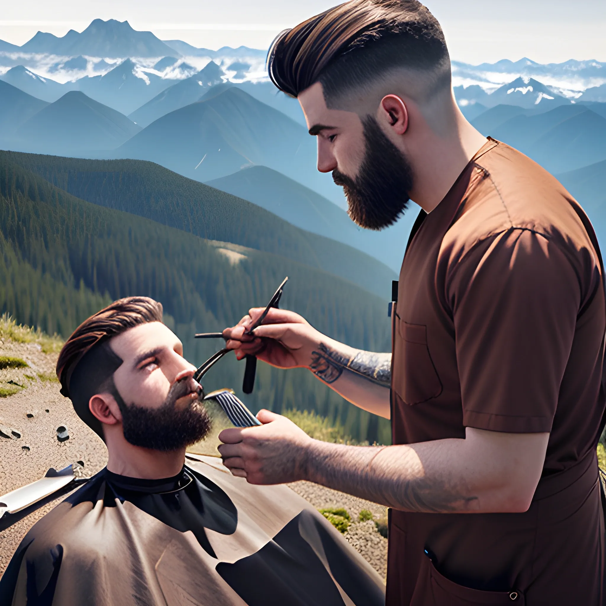 REALISTIC IMAGE OF BARBER WORKING OUTDOORS ON A MOUNTAIN