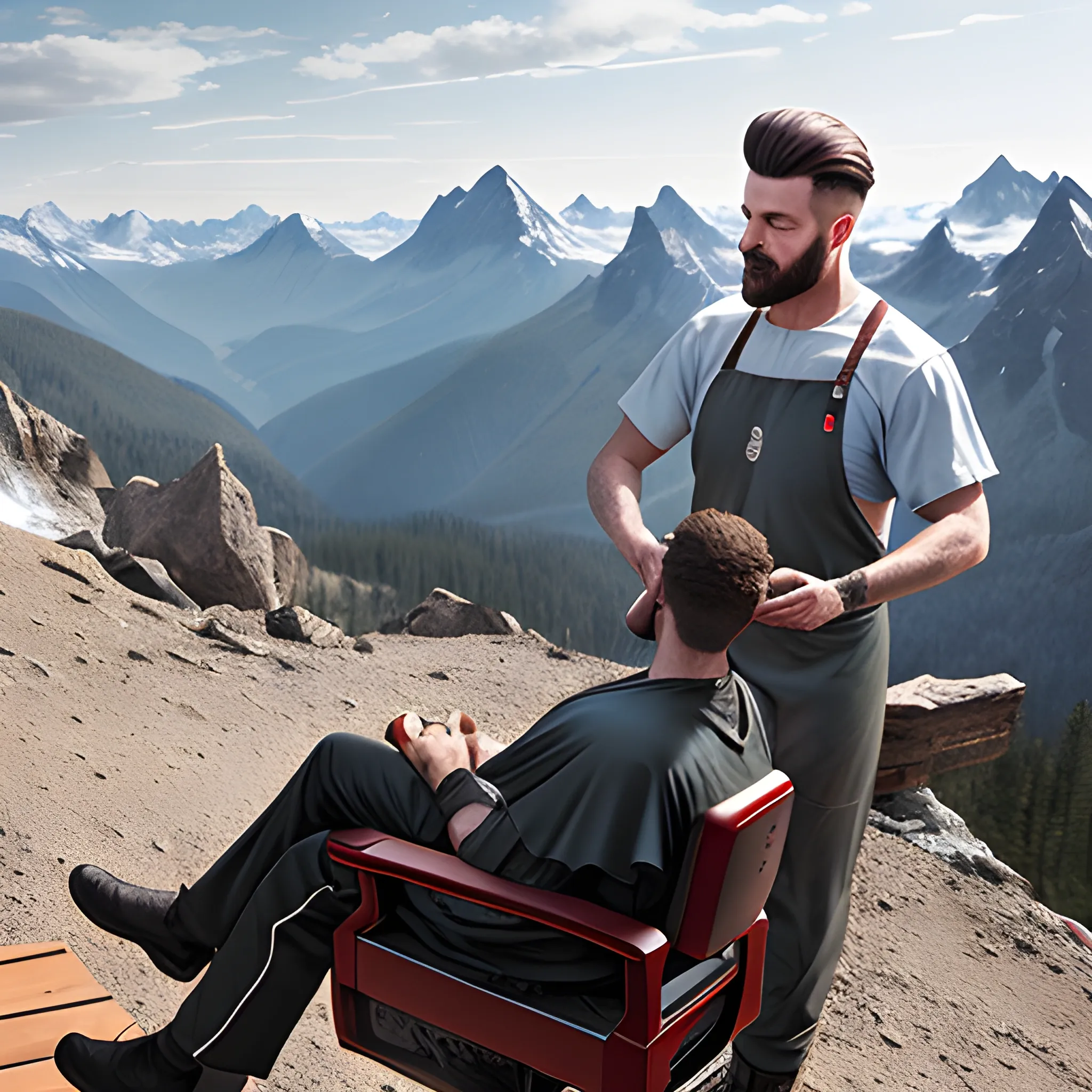 REALISTIC IMAGE OF BARBER WORKING OUTDOORS ON A MOUNTAIN