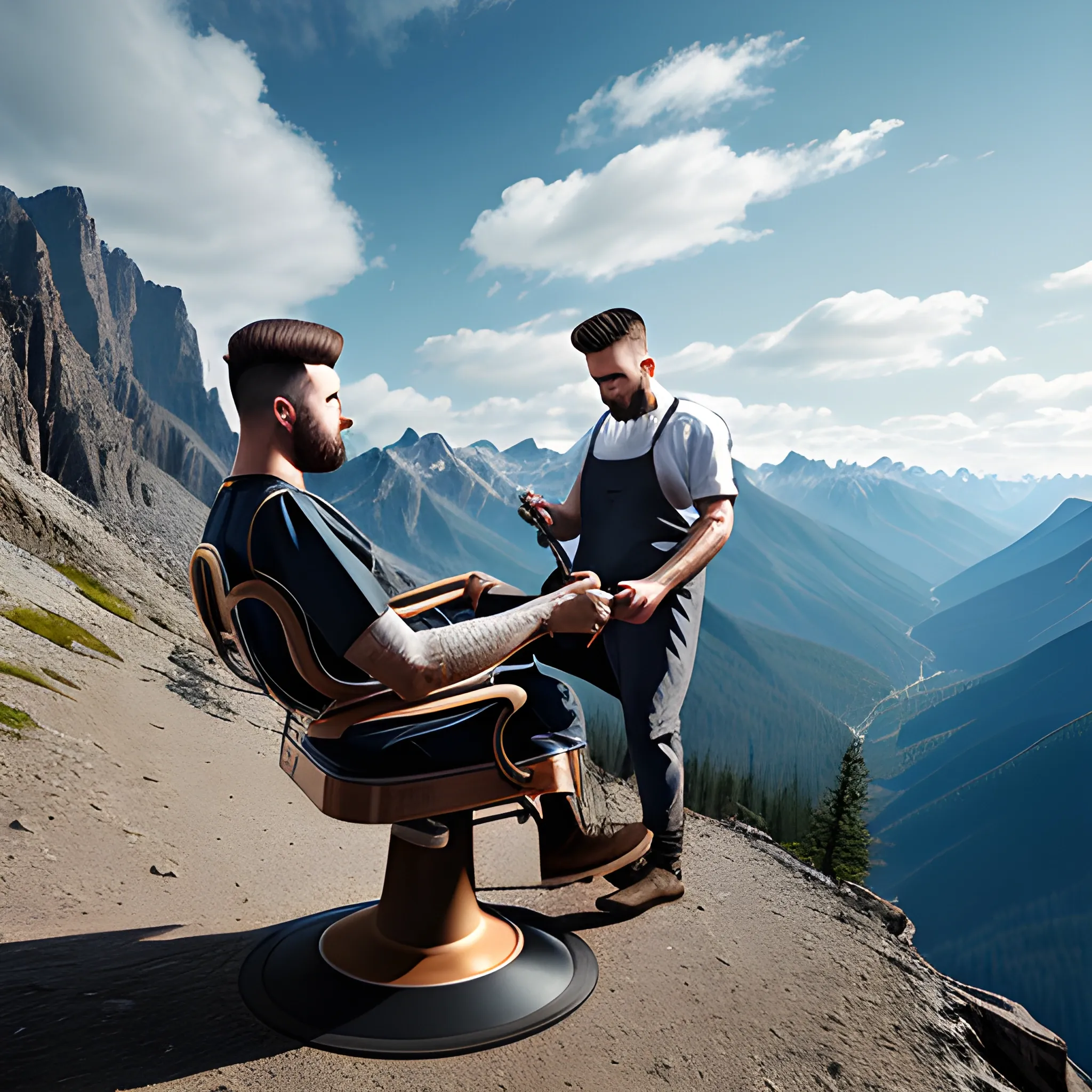 REALISTIC IMAGE OF BARBER WORKING OUTDOORS ON A MOUNTAIN