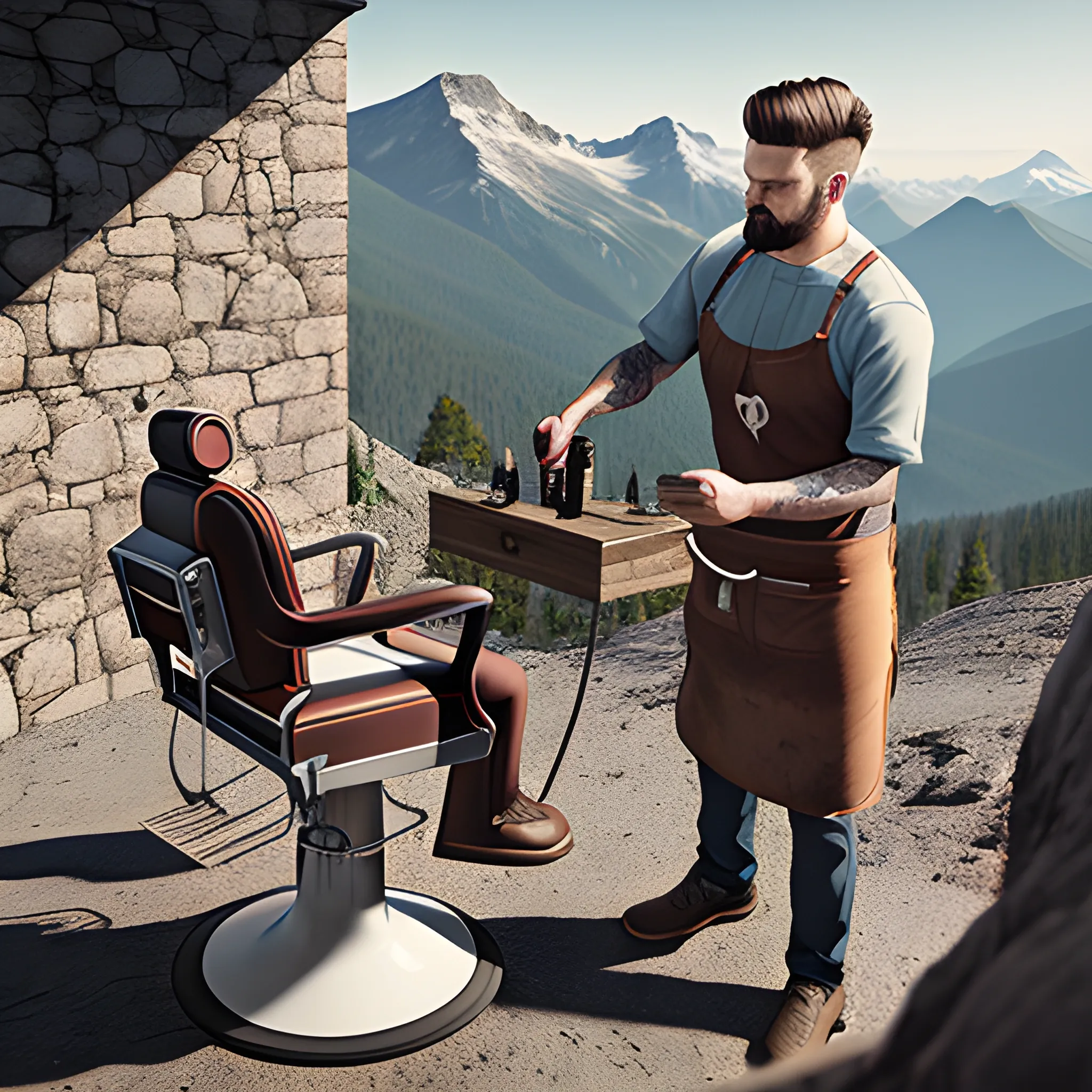 REALISTIC IMAGE OF BARBER WORKING OUTDOORS ON A MOUNTAIN