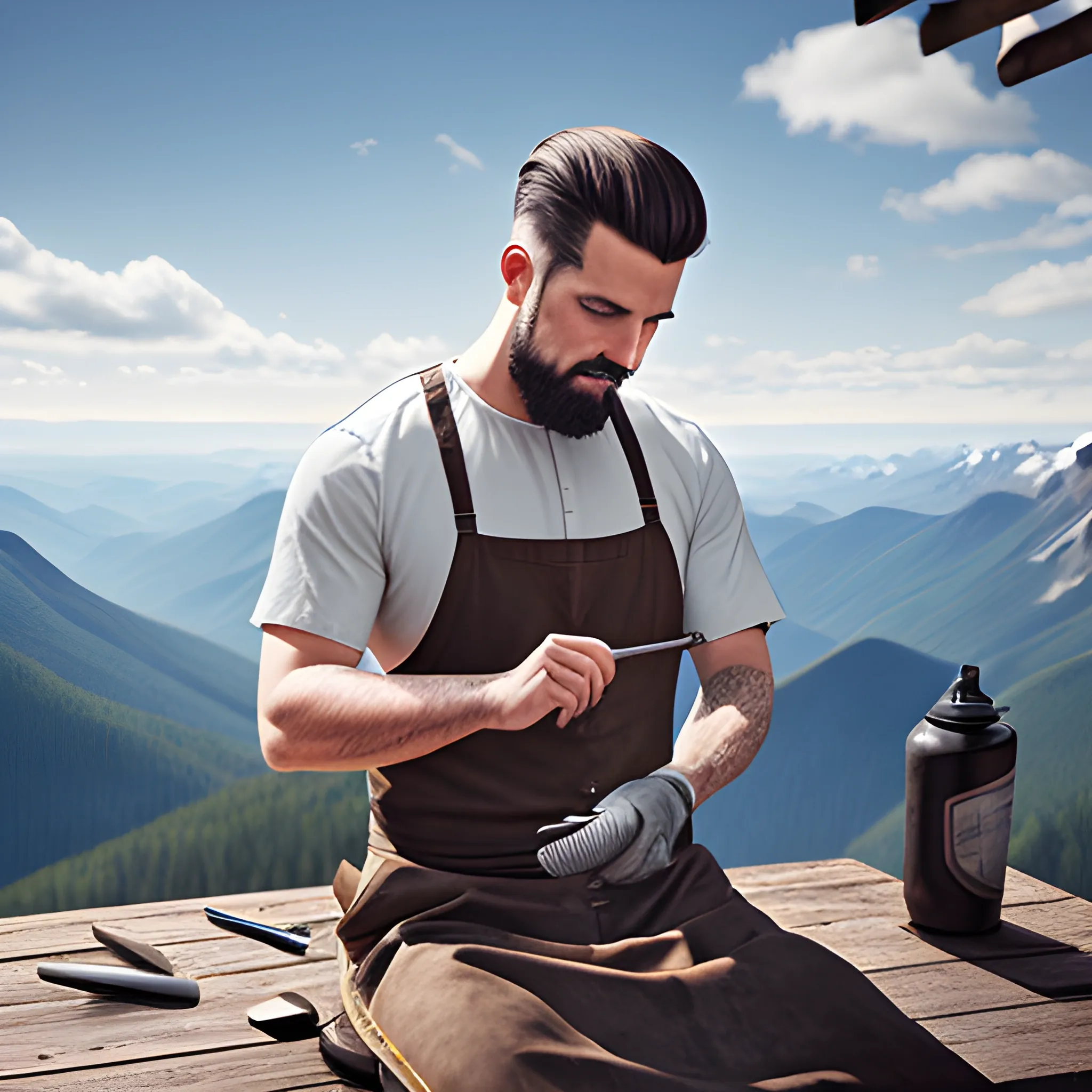 REALISTIC IMAGE OF BARBER WORKING OUTDOORS ON A MOUNTAIN