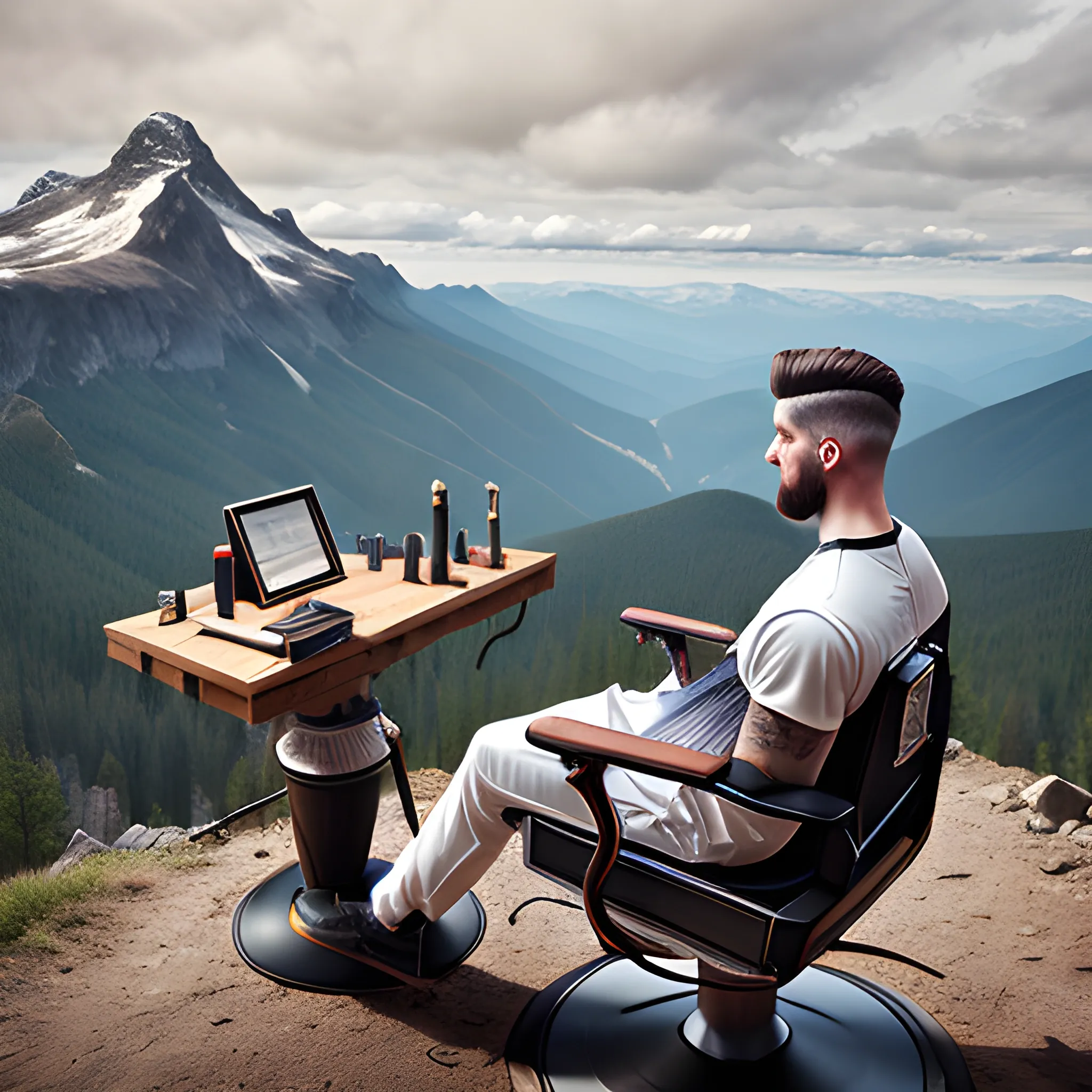 REALISTIC IMAGE OF BARBER WORKING OUTDOORS ON A MOUNTAIN