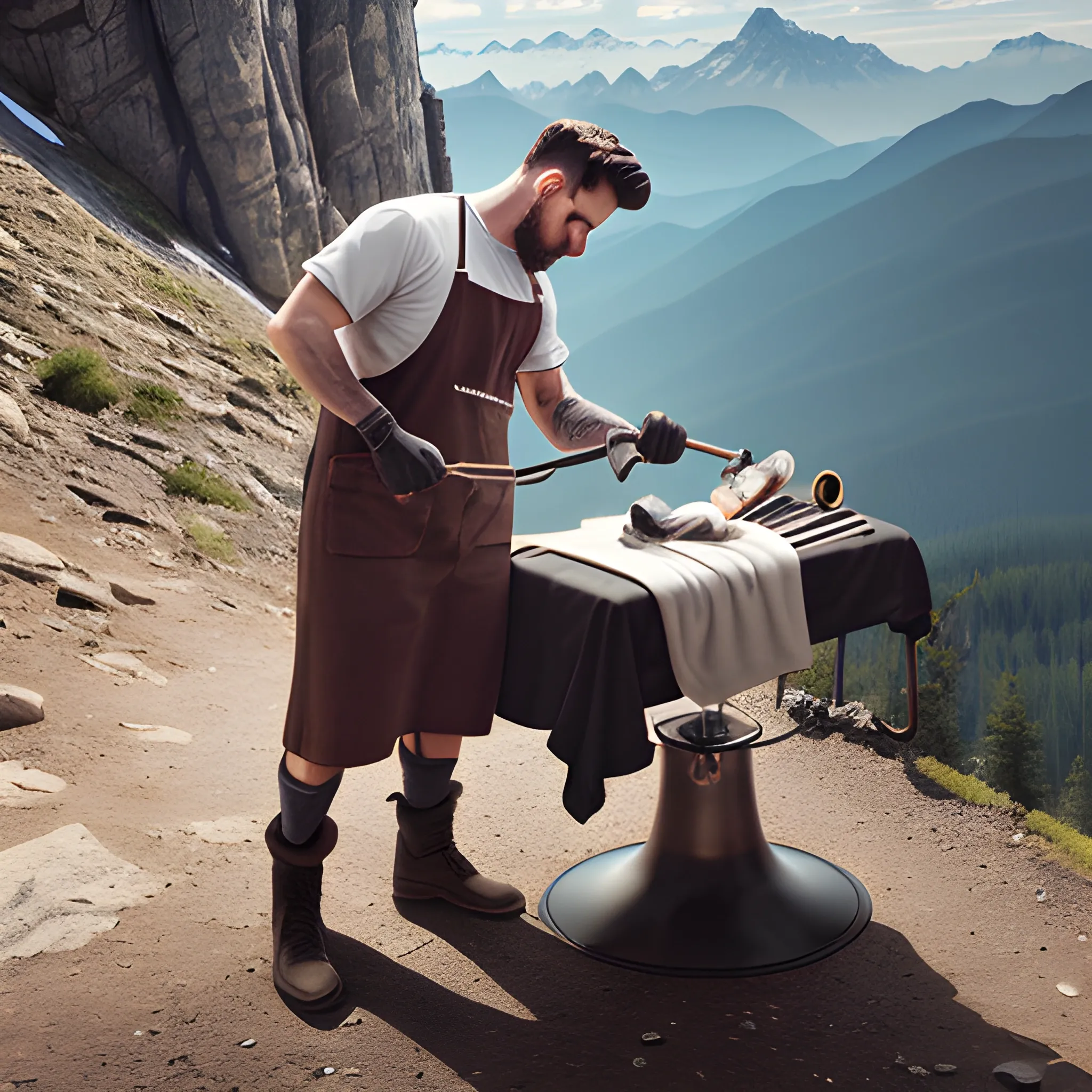 REALISTIC IMAGE OF BARBER WORKING OUTDOORS ON A MOUNTAIN