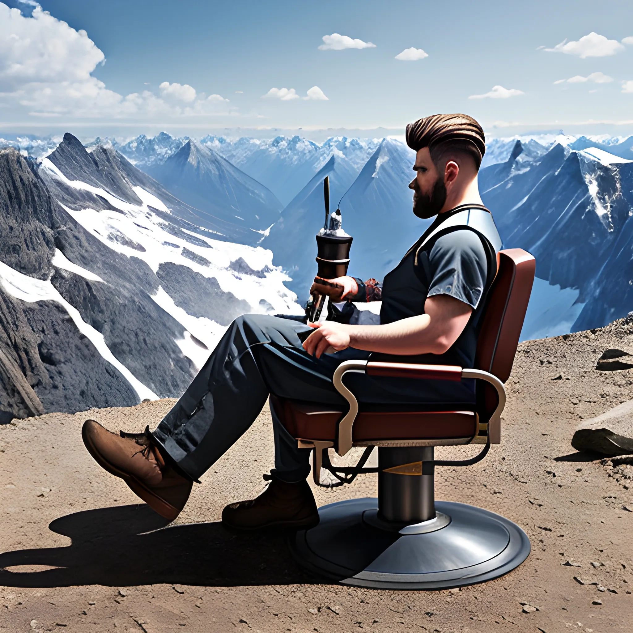 REALISTIC IMAGE OF BARBER WORKING OUTDOORS ON A MOUNTAIN