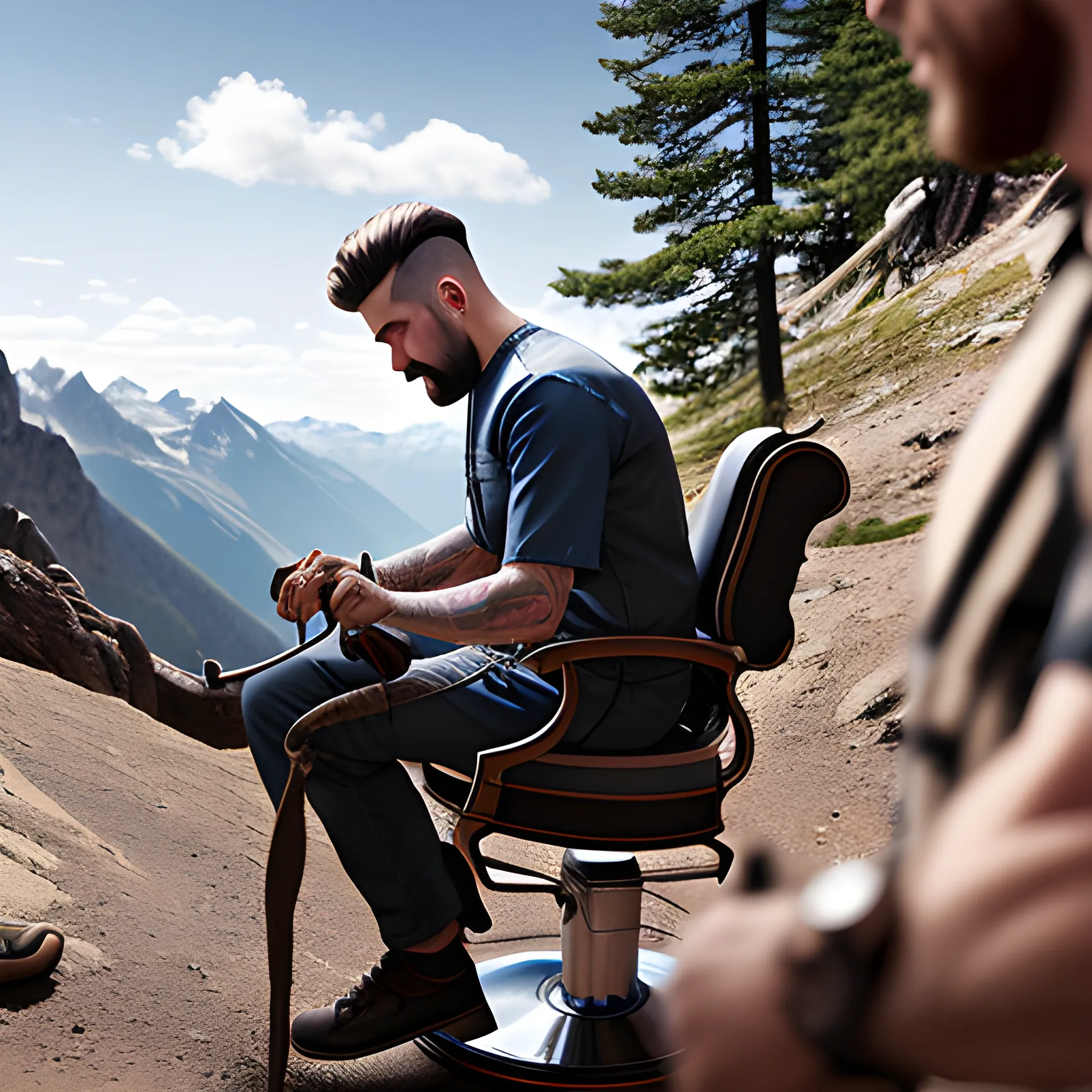 REALISTIC IMAGE OF BARBER WORKING OUTDOORS ON A MOUNTAIN