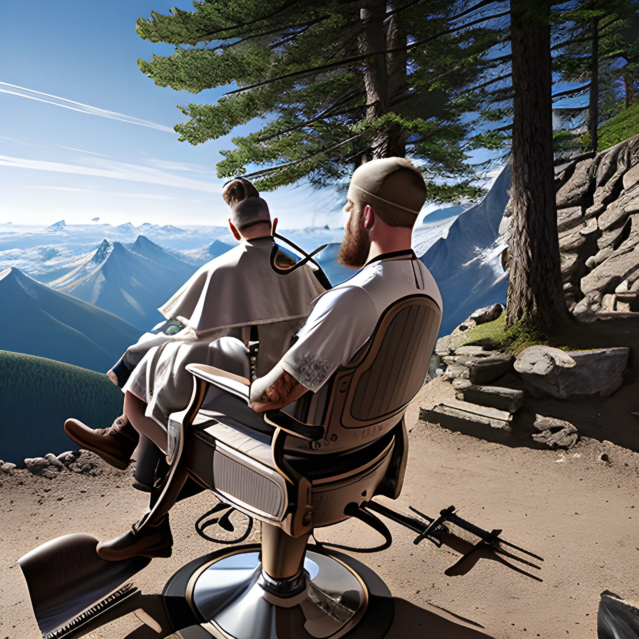 REALISTIC IMAGE OF BARBER WORKING OUTDOORS ON A MOUNTAIN