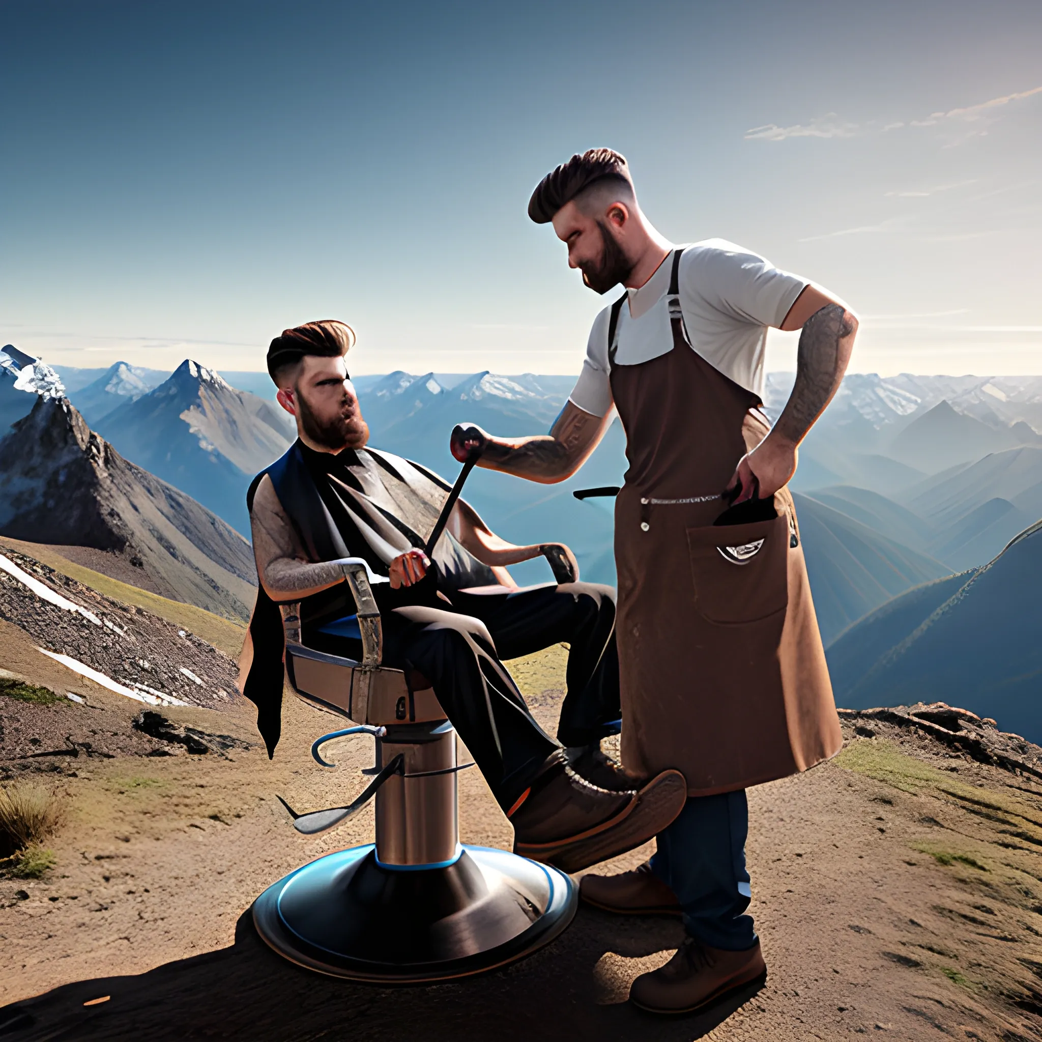 REALISTIC IMAGE OF BARBER WORKING OUTDOORS ON A MOUNTAIN