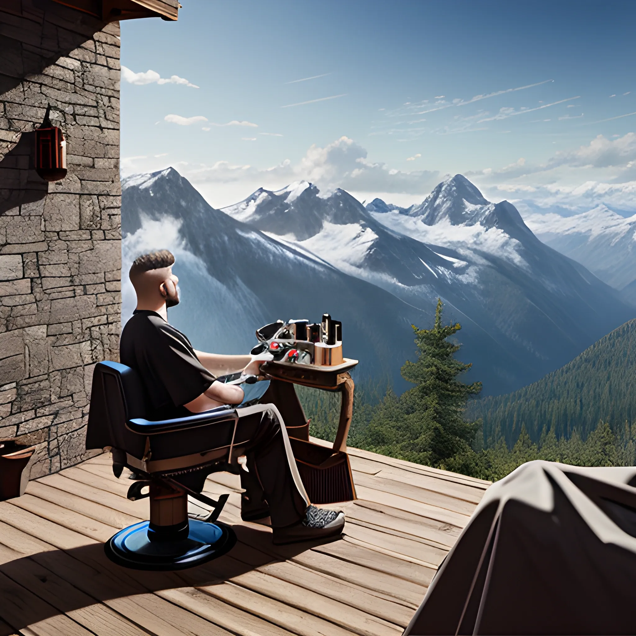 REALISTIC IMAGE OF BARBER WORKING OUTDOORS ON A MOUNTAIN