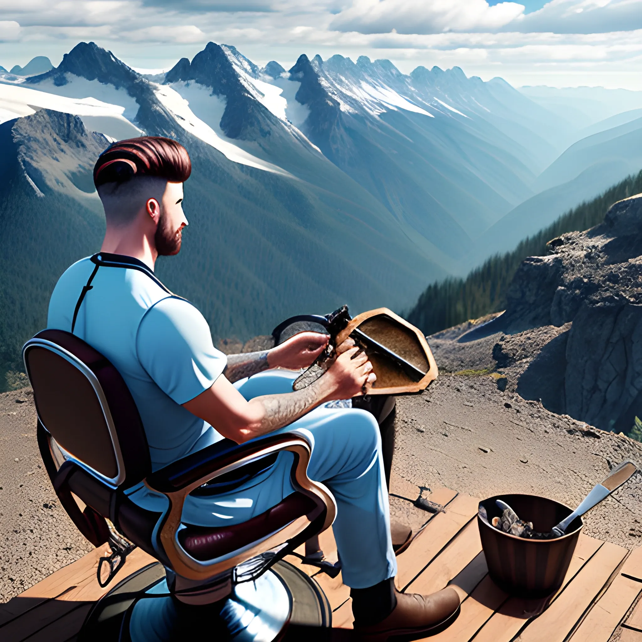 REALISTIC IMAGE OF BARBER WORKING OUTDOORS ON A MOUNTAIN