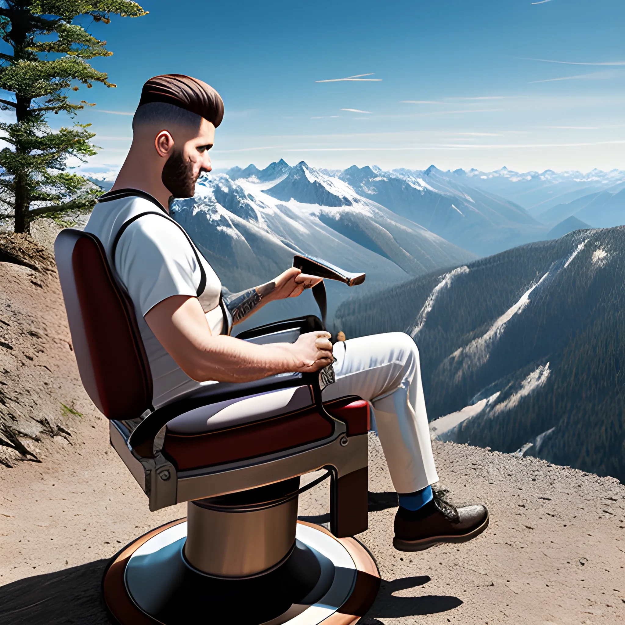 REALISTIC IMAGE OF BARBER WORKING OUTDOORS ON A MOUNTAIN