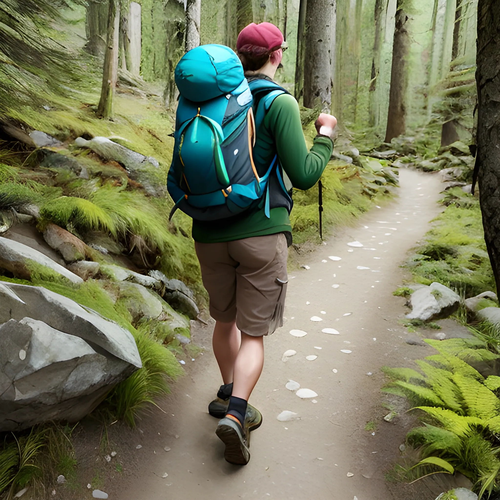 a scenic mountain landscape with a winding trail. Place a hiker wearing a backpack, looking confident and determined.Text: "I'm not lost, I'm just exploring alternative routes" in bold, playful font.vibrant and nature-inspired colors for the design, such as shades of green for the mountains and trees, blue for the sky, and earthy tones for the trail and hiker's outfit.