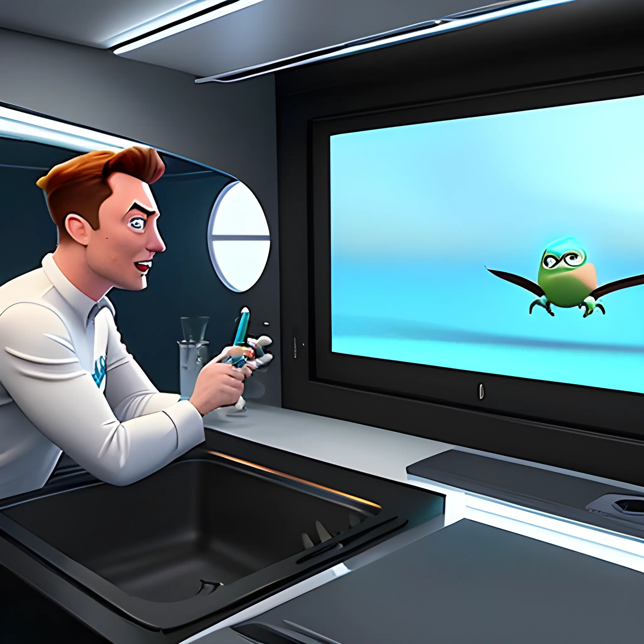 Crie uma imagem 3d pixar estilo filme da Disney do elon musk fritando ovo na frigideira 