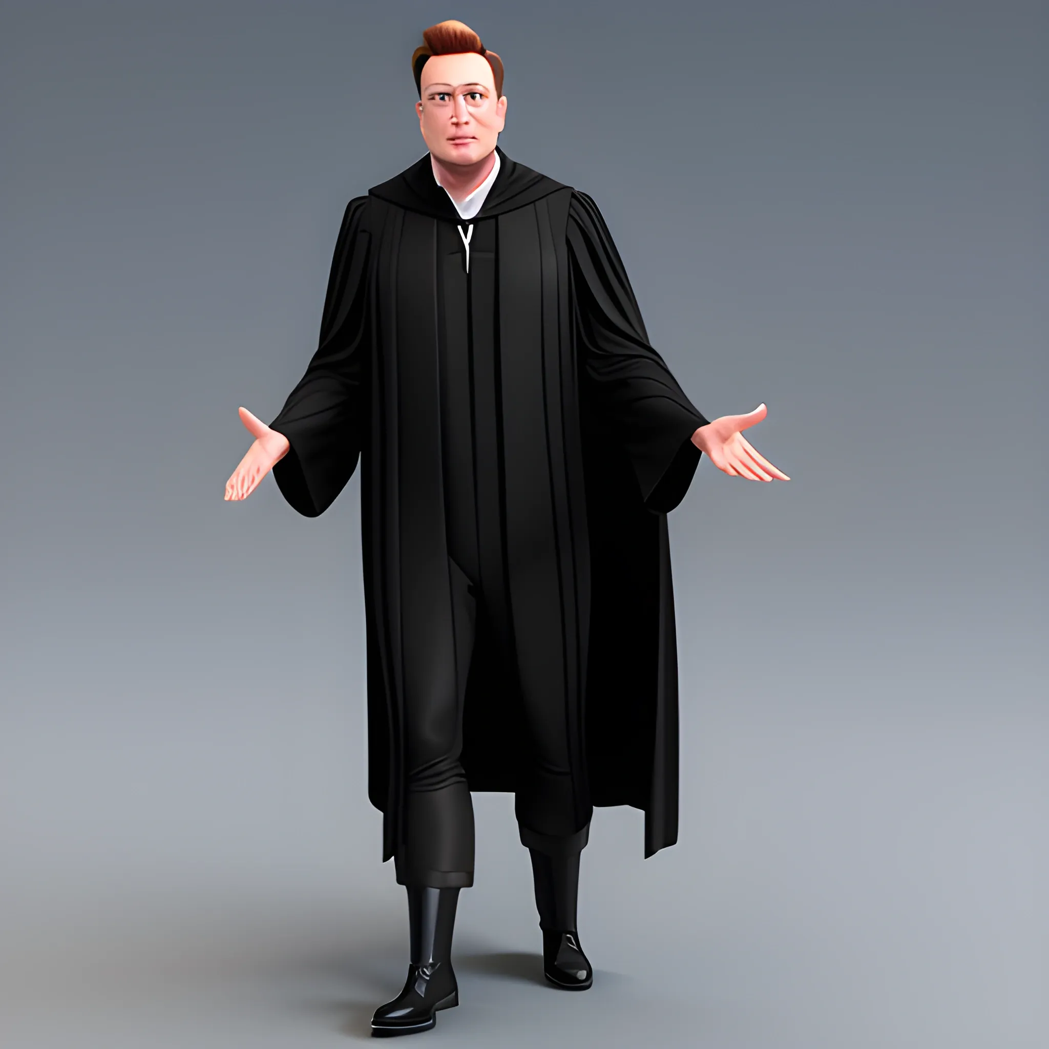 Create a Disney-style 3D Pixar image of Elon Musk with an egg-headed man using black judge robe