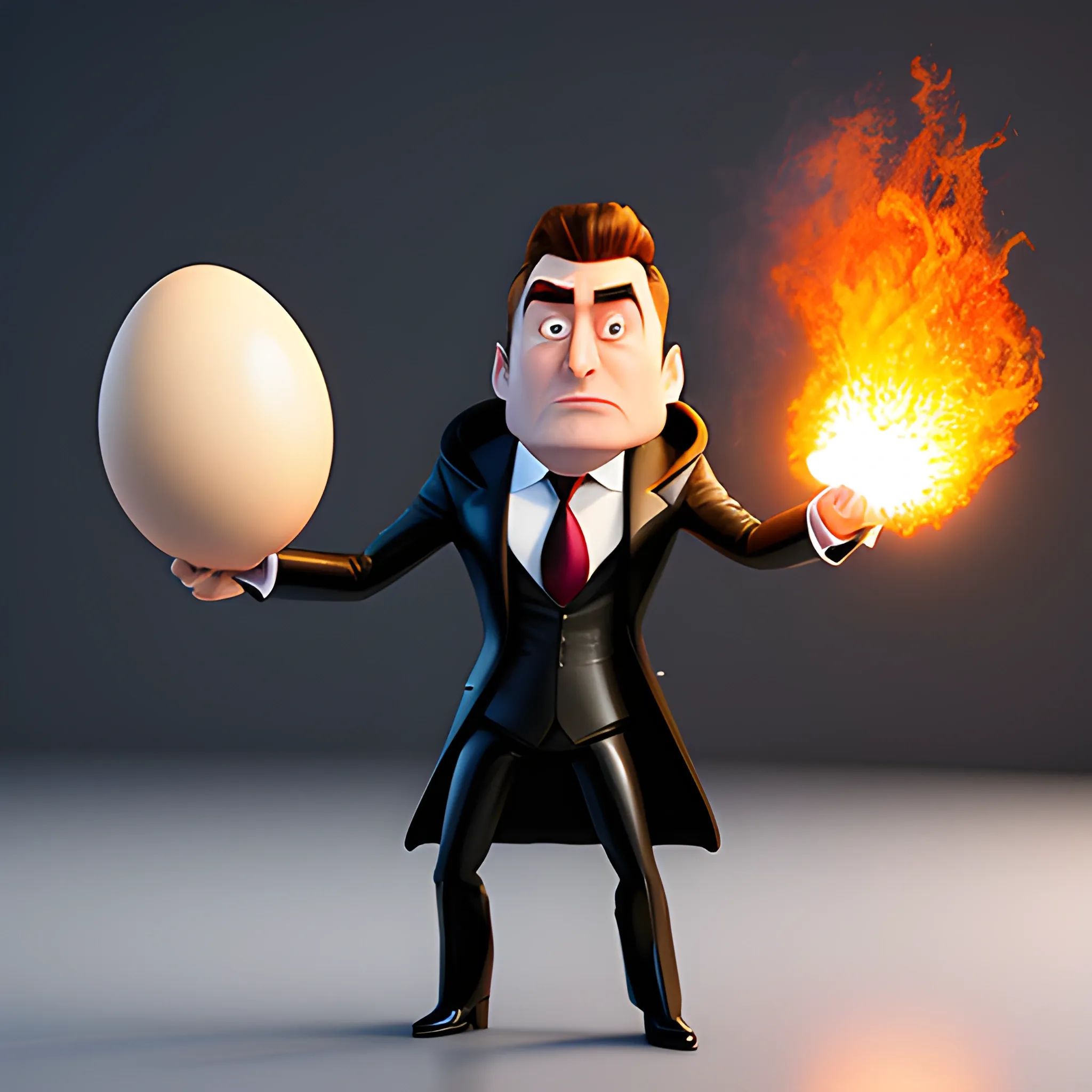 Create a Disney-style 3D Pixar image of Elon Musk fighting an egg-headed man using black judge robe