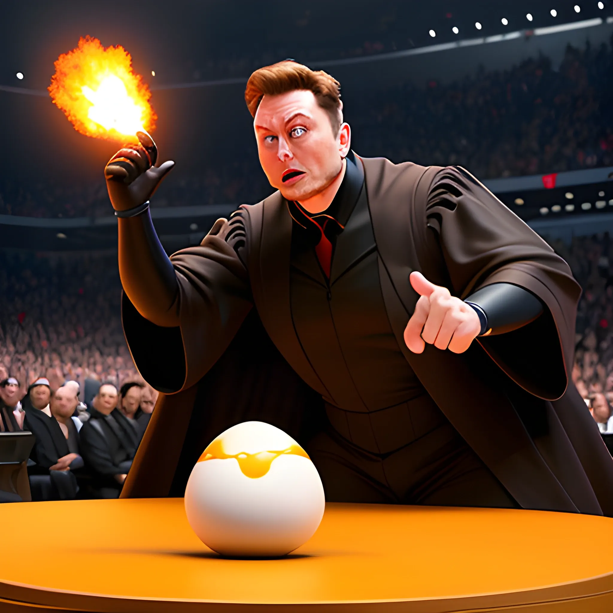 Create a Disney-style 3D Pixar image of Elon Musk fighting an egg-headed man using black judge robe