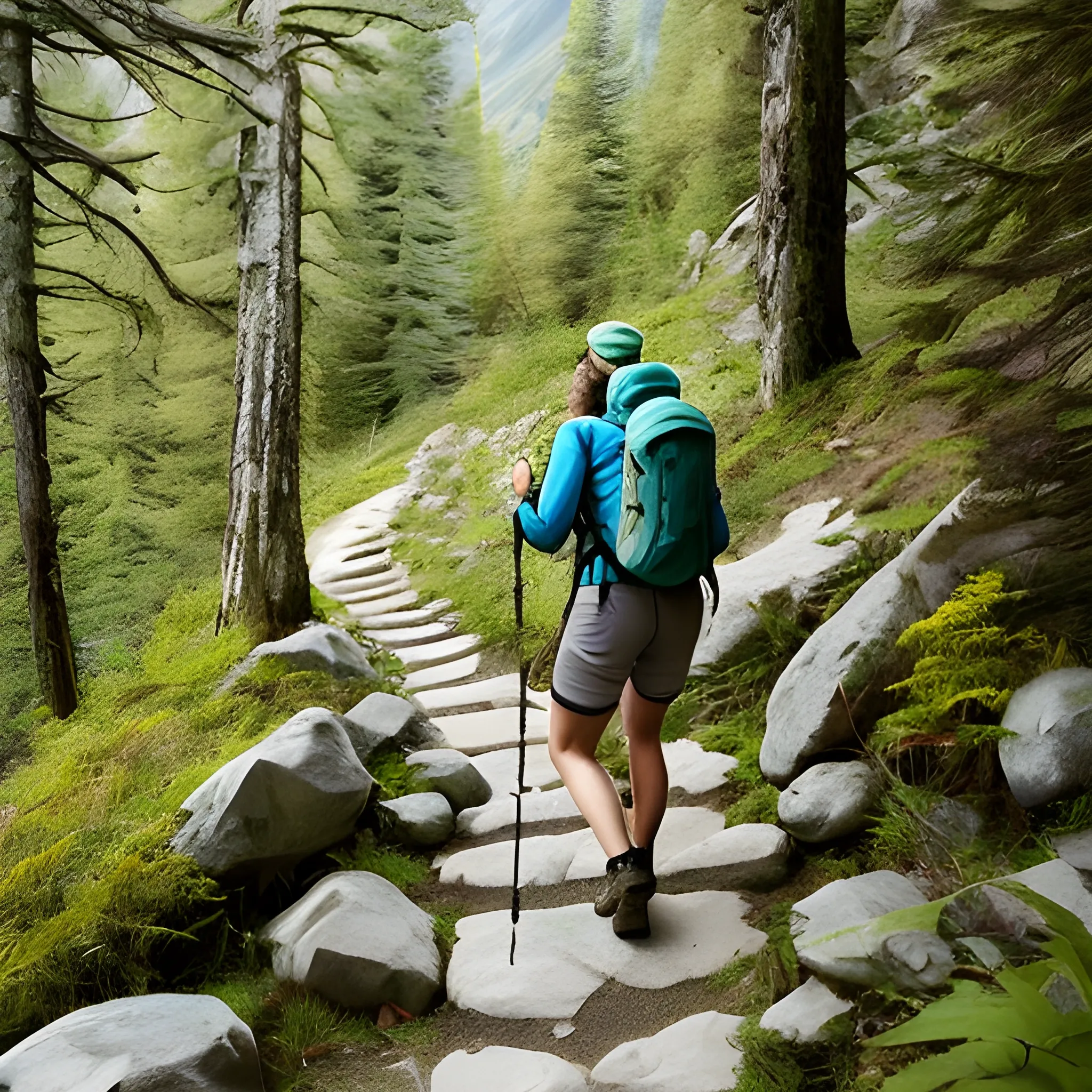 a scenic mountain landscape with a winding trail. Place a hiker wearing a backpack, looking confident and determined.Text: "I'm not lost, I'm just exploring alternative routes" in bold, playful font.vibrant and nature-inspired colors for the design, such as shades of green for the mountains and trees, blue for the sky, and earthy tones for the trail and hiker's outfit.